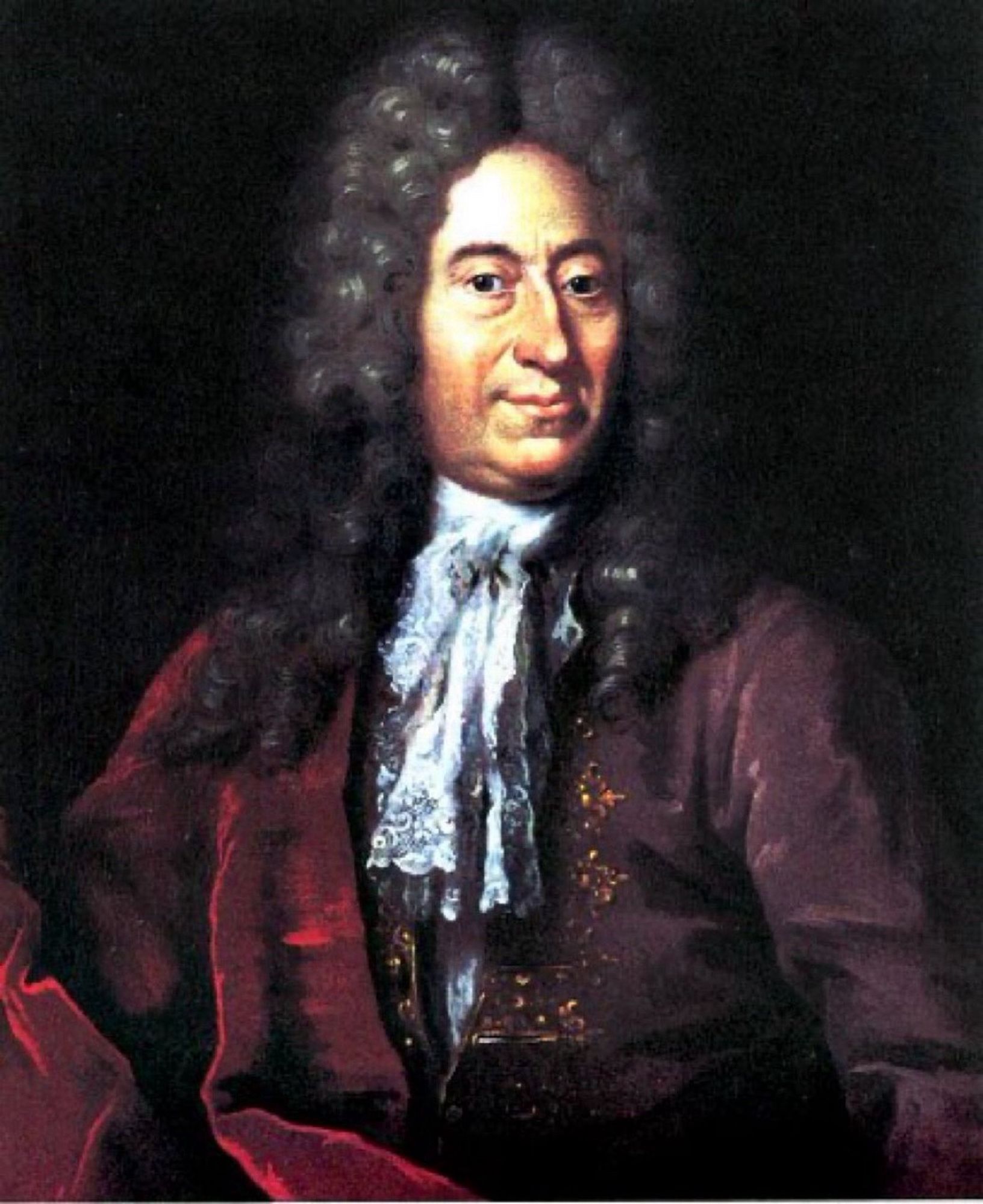 Painted portrait of Ole Rømer. He has long, dark, curly hair (possibly a wig) and wears a burgundy jacket with a frilly white collar.

Portrait: Jacob Conring / Wikimedia Commons