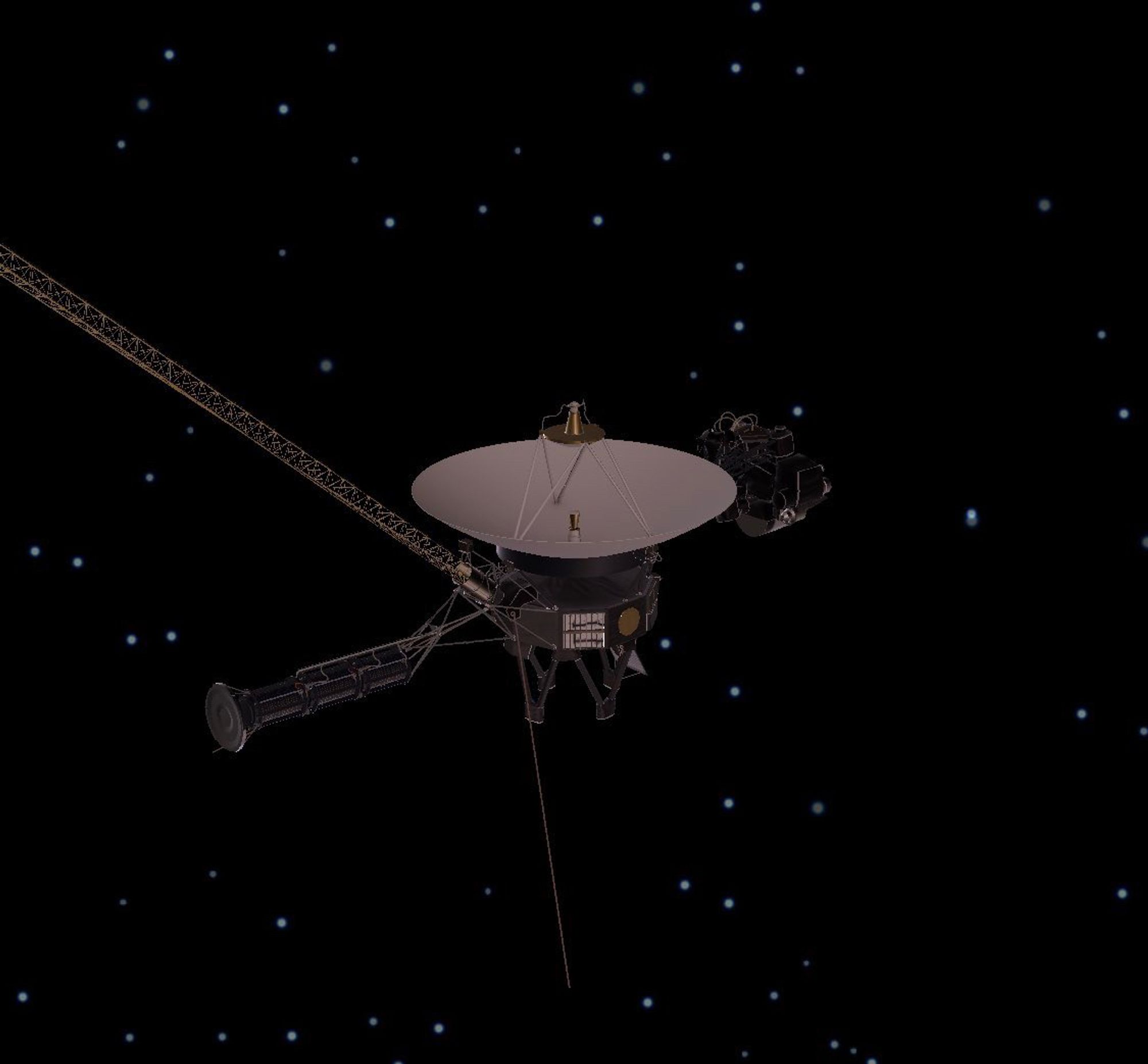 A color rendering of the Voyager 1 probe against a star field. Two prominent antenna gantries emerge from the main body of the probe, positioned underneath a large radio dish.