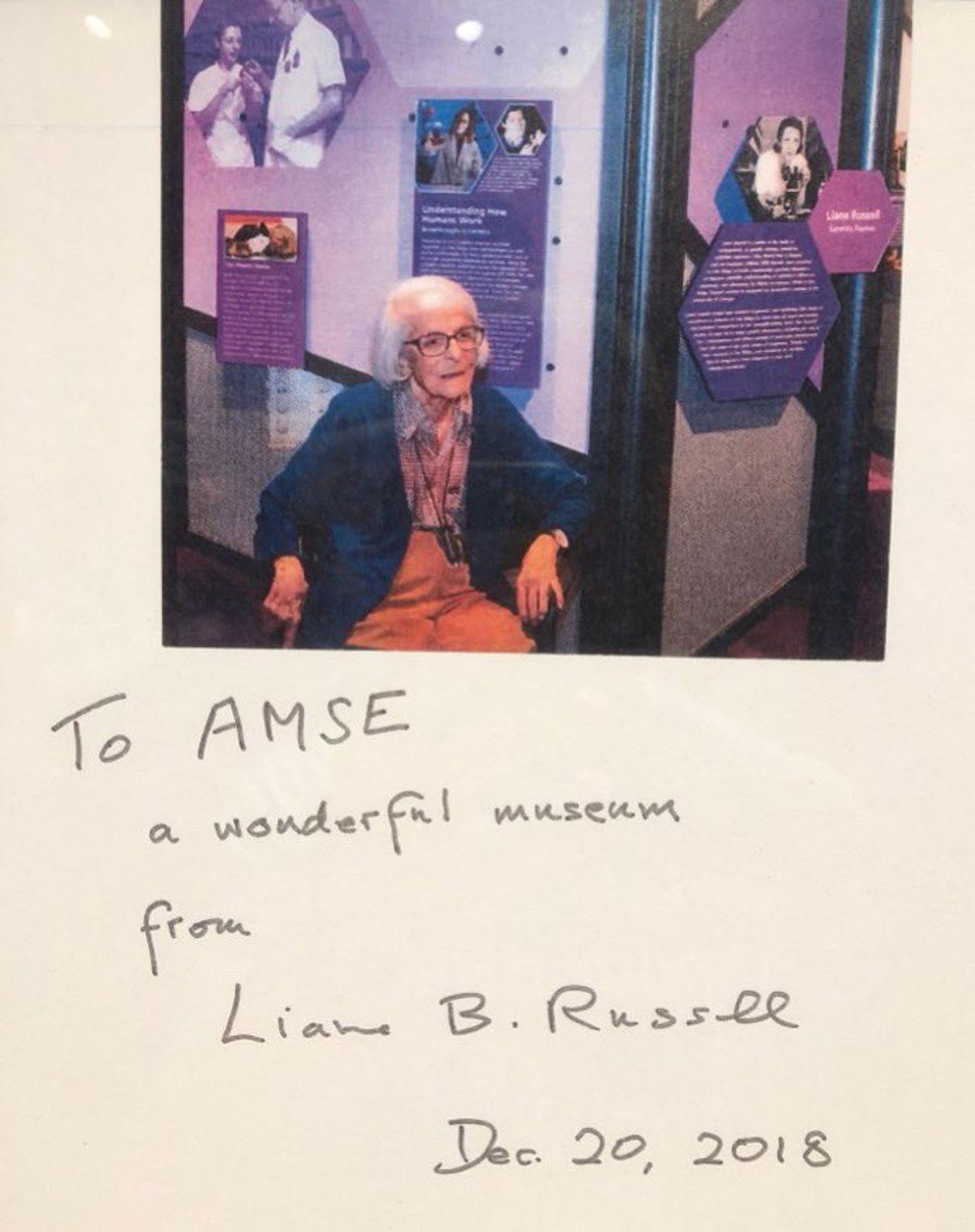 A photo of Liane Russell's note to the museum. It reads:
"To AMSE
a wonderful museum
from
Liane B. Russell
Dec. 20, 2018"