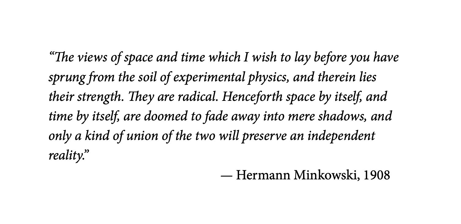 The quote reads:

"The views of space and time which I wish to lay before you have sprung from the soil of experimental physics, and therein lies their strength. They are radical. Henceforth space by itself, and time by itself, are doomed to fade away into mere shadows, and only a kind of union of the two will preserve an independent reality."
- Hermann Minkowski, 1908