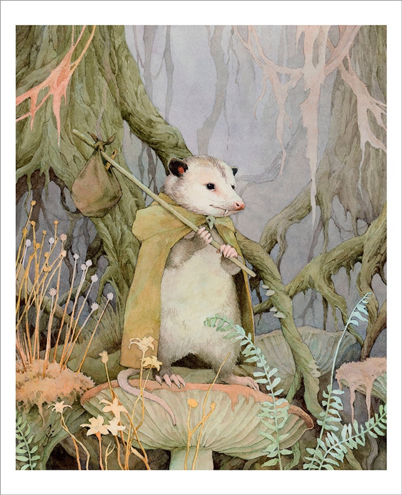 A possum with a mossy green cape, standing on a toadstool. It has a bag of belongings tied to the end of a pole slung over its shoulder, and a fancy overbite. Lots of little ferns and vegetal oddities surround him. He is clearly off on some sort of possum adventure.