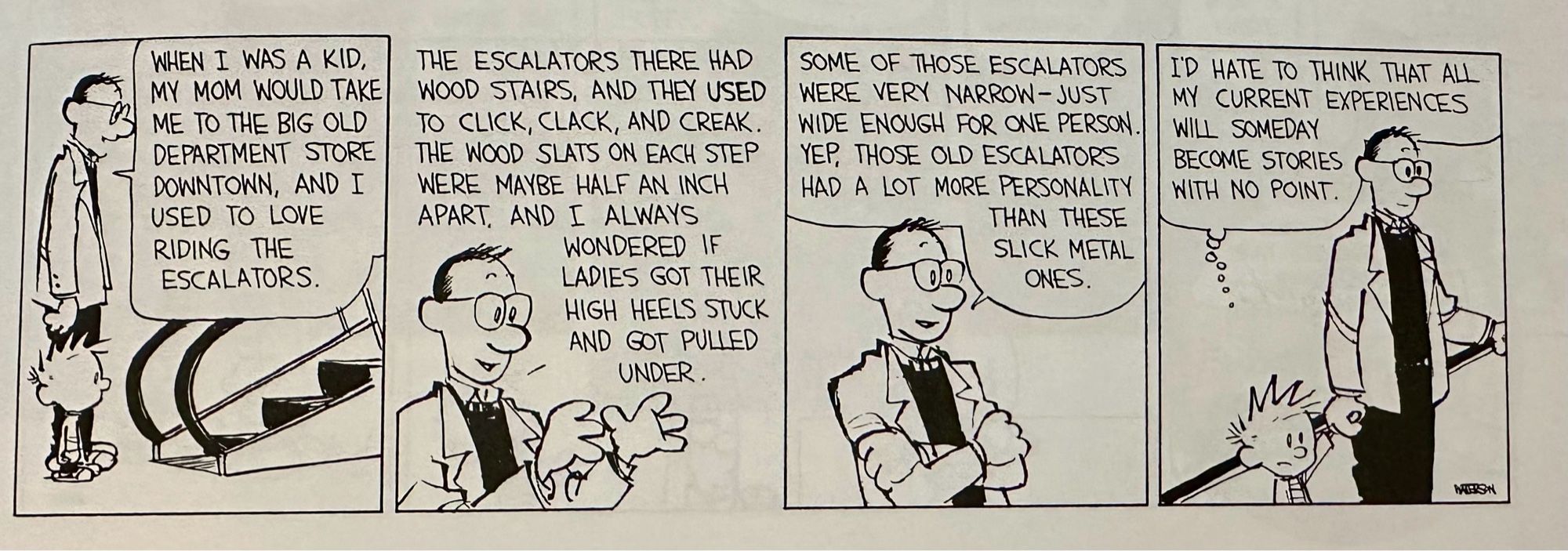 Calvin’s dad tells a long story about escalators. The strip ends with Calvin saying “I’D HATE TO THINK THAT ALL MY CURRENT EXPERIENCES
WILL SOMEDAY BECOME STORIES WITH NO POINT.”