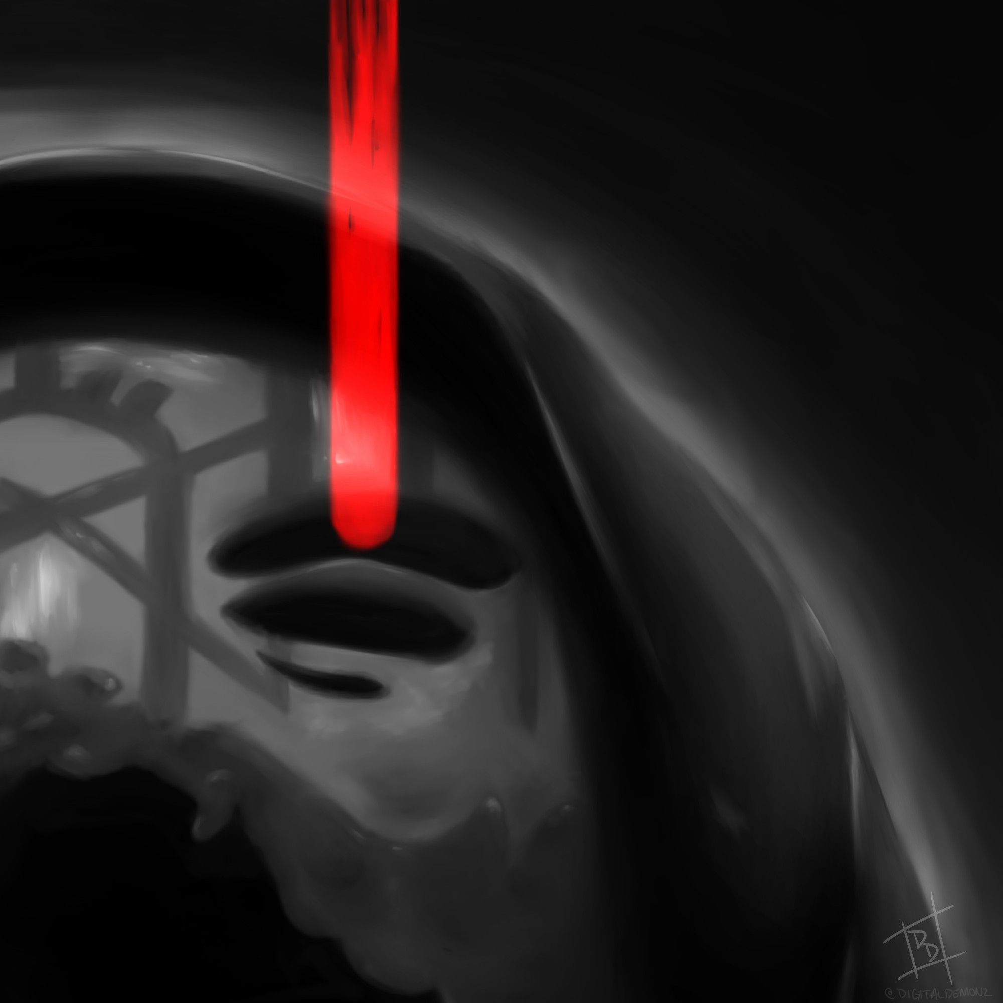 a black and white digital art piece of vessel from sleep token. he is facing upwards with a red beam appearing in one of the eye slots