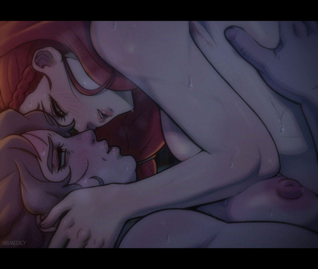 Héra from The Lord of the Rings: The War of the Rohirrim (2024) laying on top of Olwyn. Their noses are pressed against each other as a subtle trail of saliva connects their lips. Héra has her hands around Olwyn's face while Olwin is holding her back.