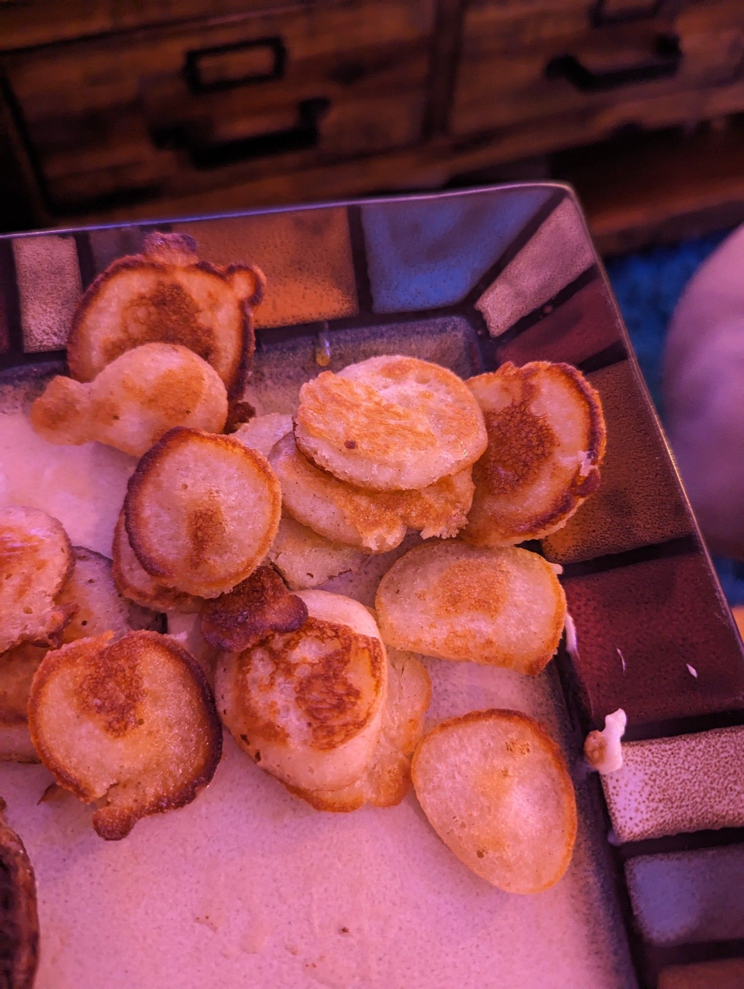 Big pancakes are cool and all, but next time try making these loonie sized little doodads. They have more crispy edges and transform into crispy little maple vessels.  Also.... If there is not enough butter in the pan to consider them deep fried, you're doing it wrong.