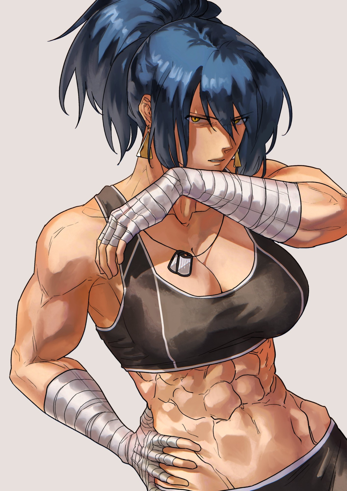 An art of Leona Heidern from KOF, shown wearing a black sports bra with a few white linings, a pair of black leggings and a white sports tape wrapped around her forearm, down to halfway to her fingers. She is glaring at the viewer, and wiping off her face using the back of her left forearm.