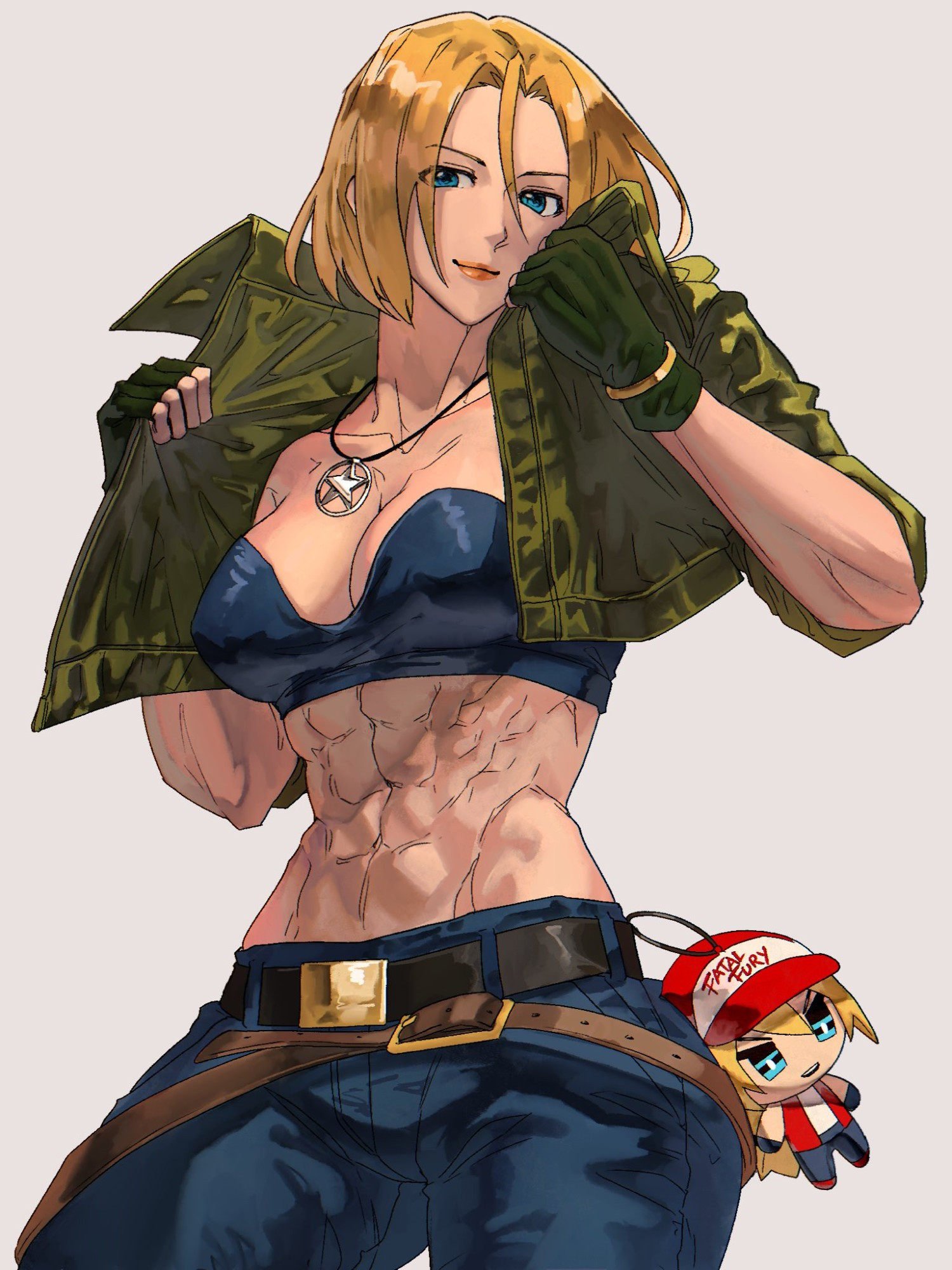 An art depicting Blue Mary from Fatal Fury, confidently posing by lifting her green jacket to reveal her toned abs.

Around her waist is a small, cute plushie of Terry Bogard, a character also from Fatal Fury, adding a playful touch to the piece.