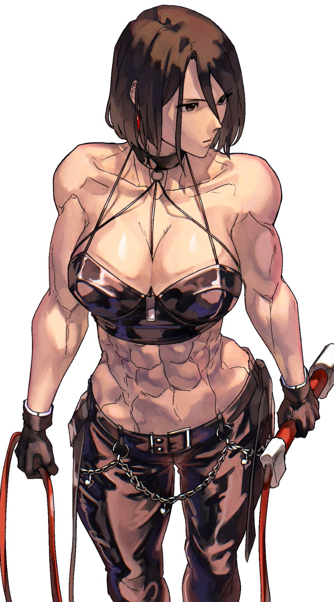 An art of Whip from The King of Fighters, wearing a black, leathery, very thinly-strapped bra and tight black leather pants adorned with chains. She holds her signature whip in her hand, colored red.