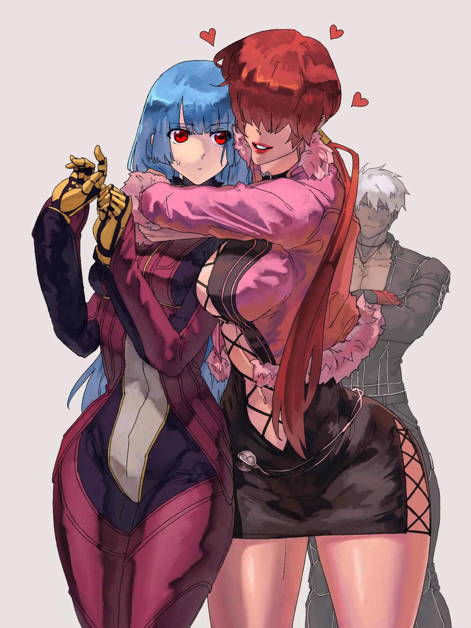 An art of Kula Diamond, Shermie, and K' from The King of Fighters.

Kula's posture is stiff, hands in the air, not knowing what to do as she is hugged by Shermie, showing awkwardness with the enthusiastic, loving hug. K' (in the background) stands with his arms crossed, grumbling at their interaction.