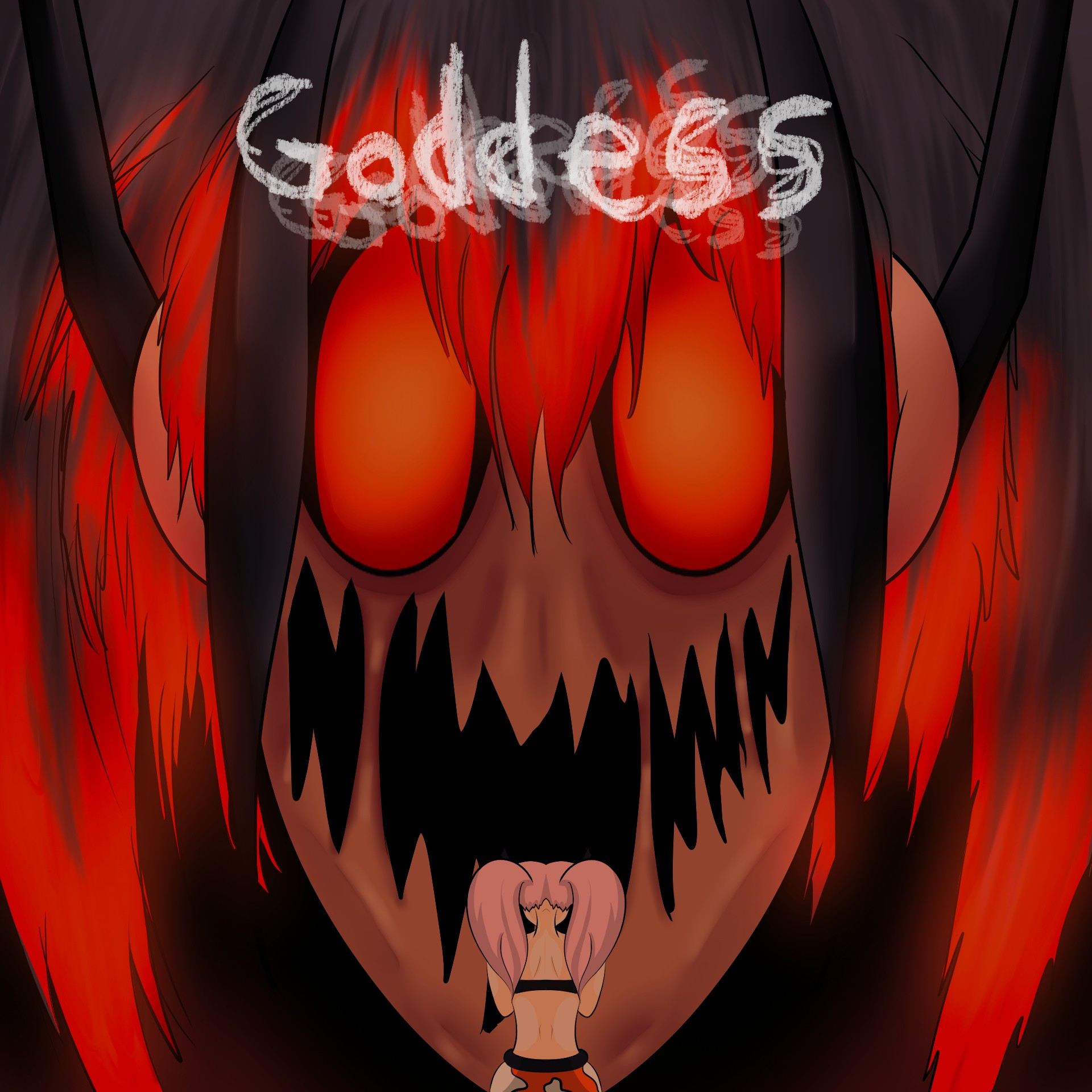 The voice is revealed to be Motherspore (Original character) with a horrid display of her face, towering over the citizen. The hellish landscape becomes black as Motherspore finishes her sentence. "GODDESS".