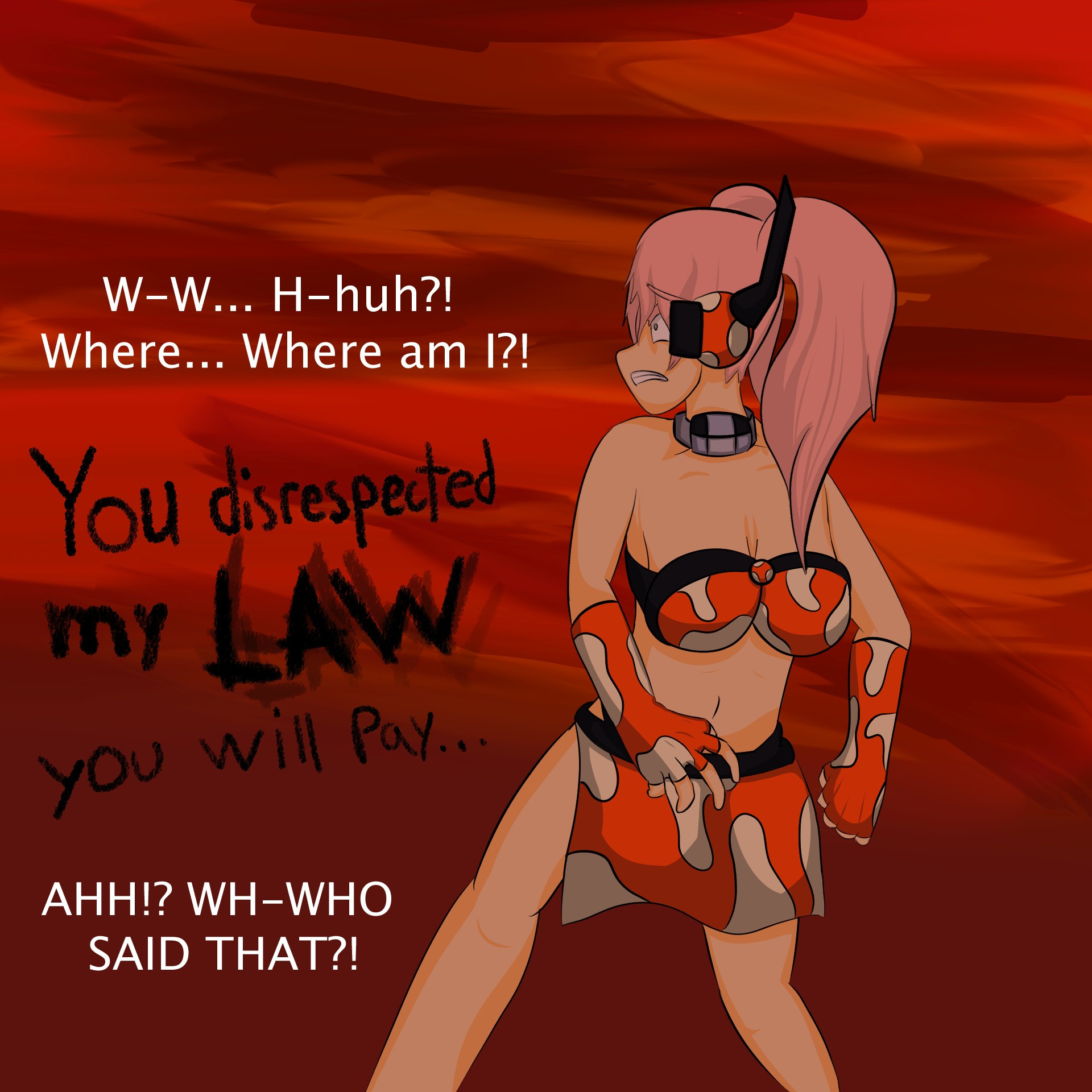 A Mooshroom Citizen in a red hell-like landscape. She asks "W-w... H-huh?! Where... Where am I?!" A voice responds saying "You have disrespected my LAW. You will pay..." She worriedly replies "AHH?! WH-WHO SAID THAT?!"