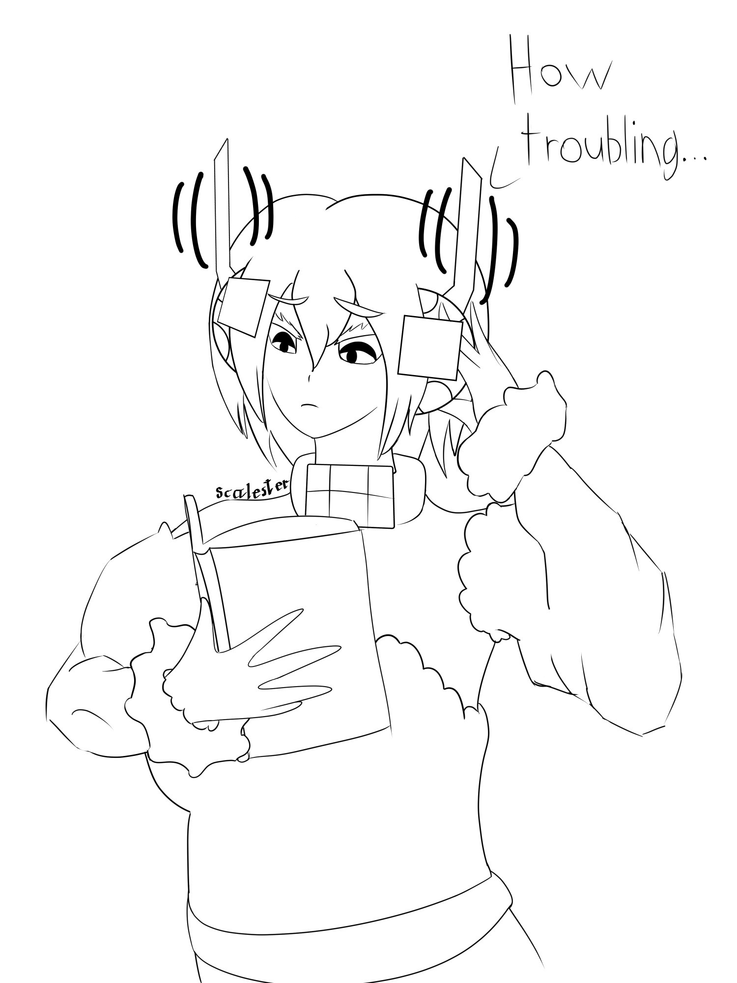 Mushurumu, from mobtalker, in a dress, studying. Her horns twitch as she telepathically says "How troubling..."