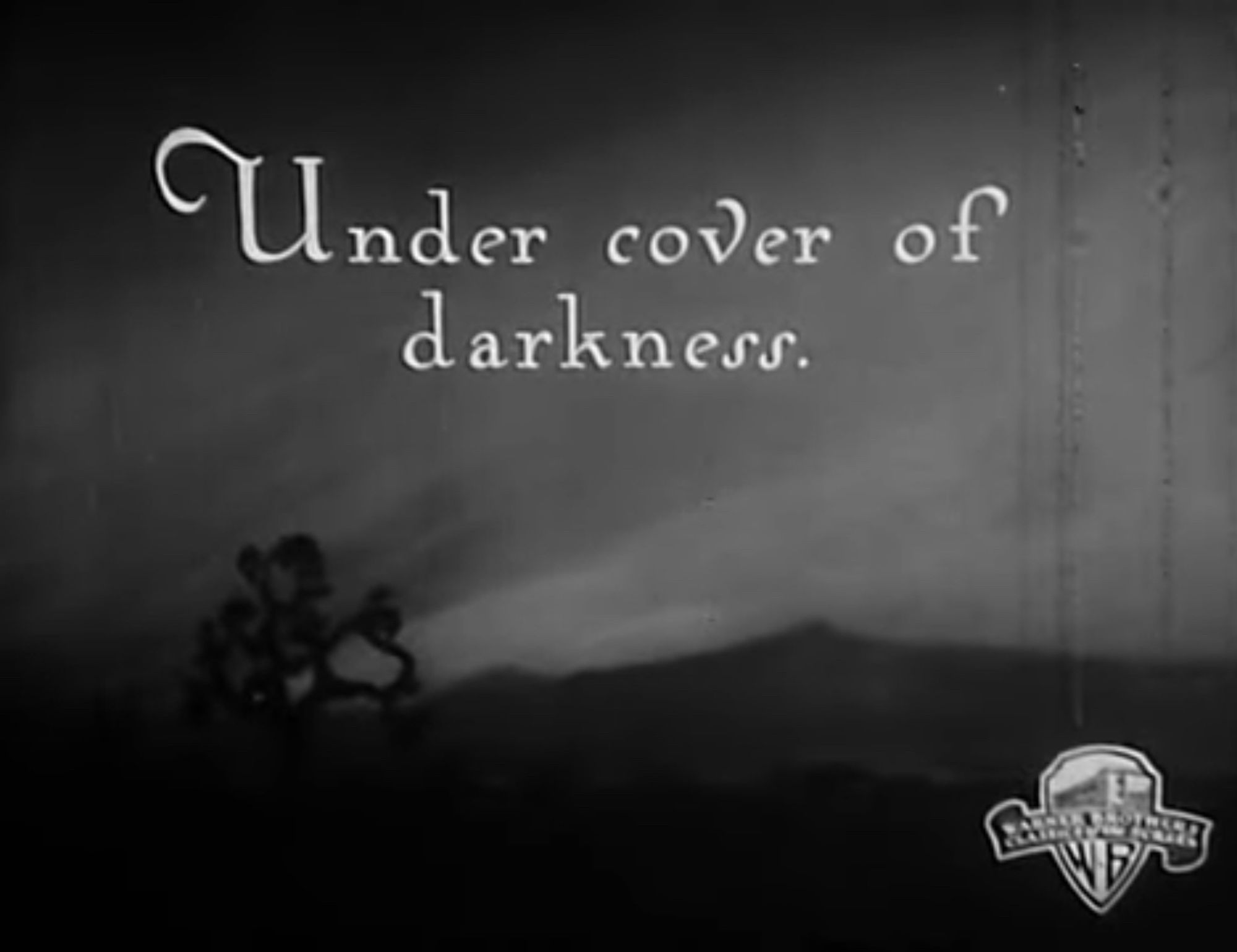 Intertitle from 1925 film “The Clash of the Wolves” which reads “Under cover of darkness.”