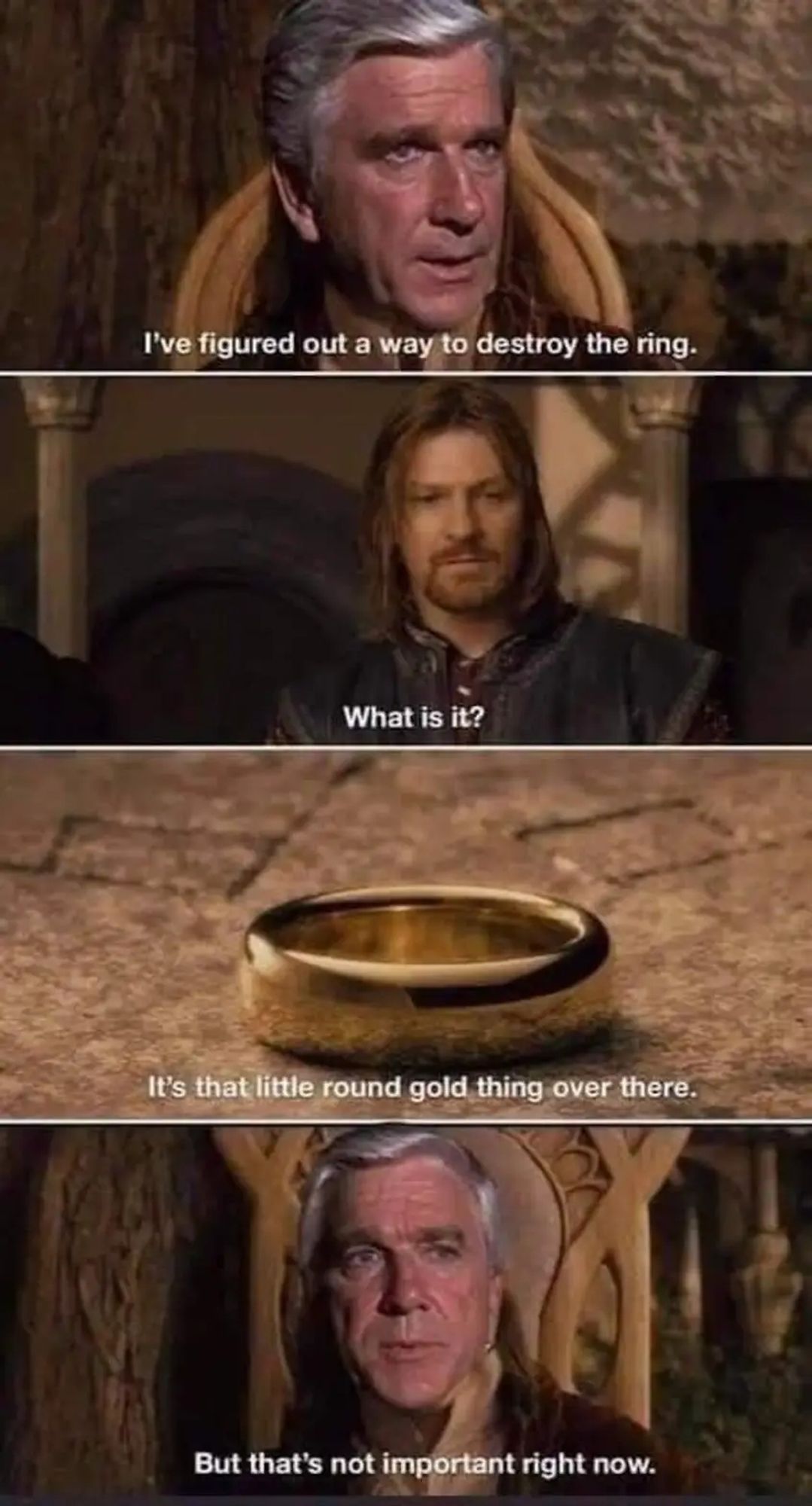 Sergeant Frank Drebin: I've figured out how to destroy the ring
Boromir: What is it?
*the One Ring resting on a table*
Sergeant Frank Drebin: it's that little round gold thing over there.
but that's not important right now.