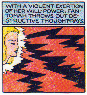 cartoon panel of a woman with radiating black lightning coming from her head, caption reads 

with a violent exertion of her will-power, Fantomah throws out destructive thought rays