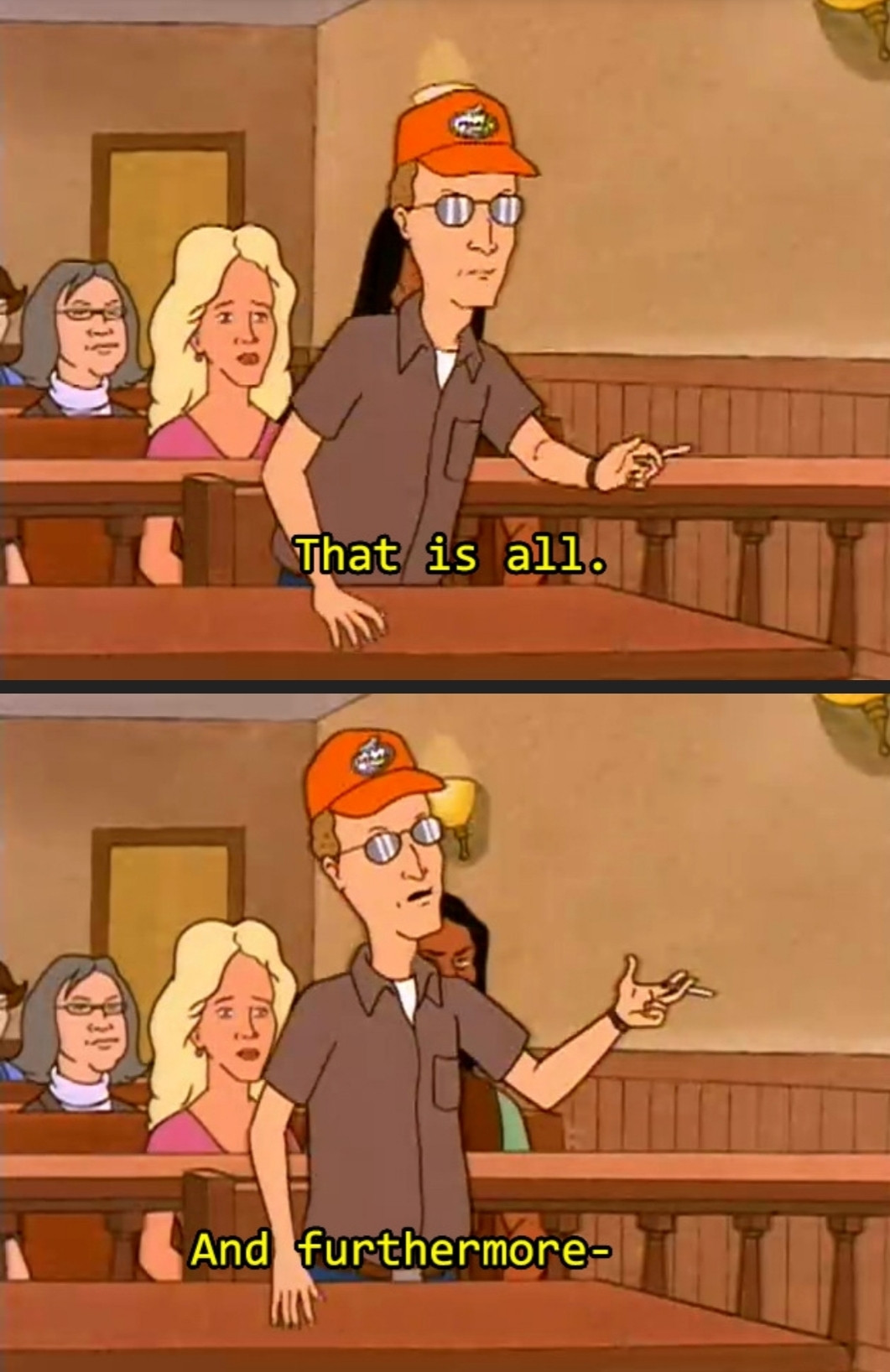 KotH Screencaps of Dale Gribble in court subtitled 

That is all. 
And furthermore-