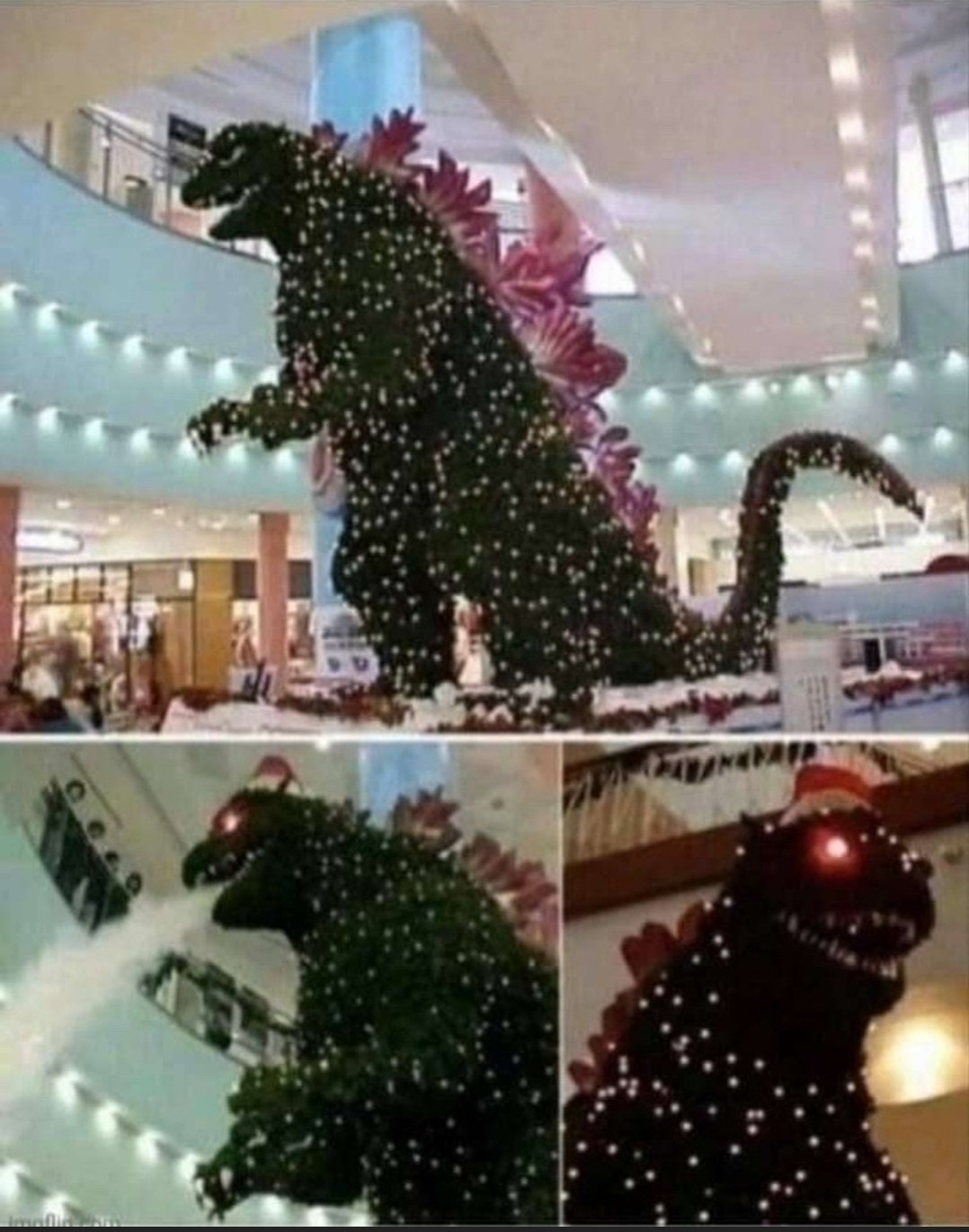 a giant Godzilla figure decorated with Christmas lights like a tree