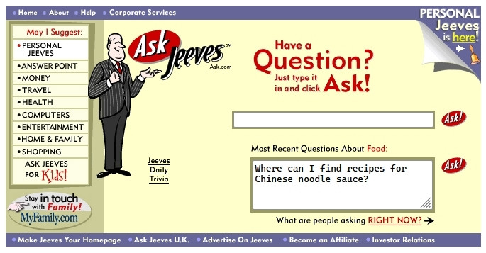 screenshot of the Ask Jeeves homepage