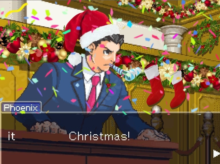 Ace Attorney in the courtroom saying It Christmas!