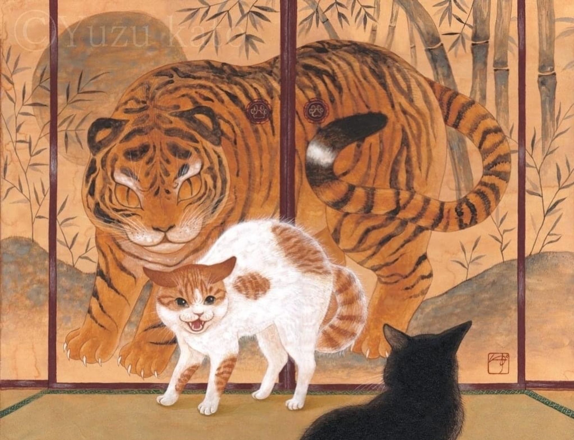 a housecat in front of a painting of a tiger copying it's threatening posture