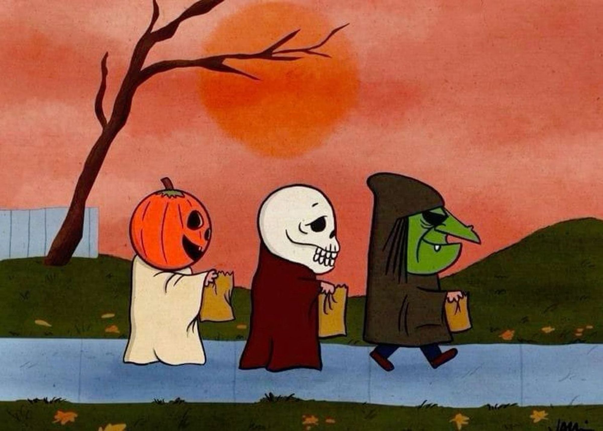 cartoon cell of a witch, skeleton and pumpkin costumed figures walking down a sidewalk holding paper bags