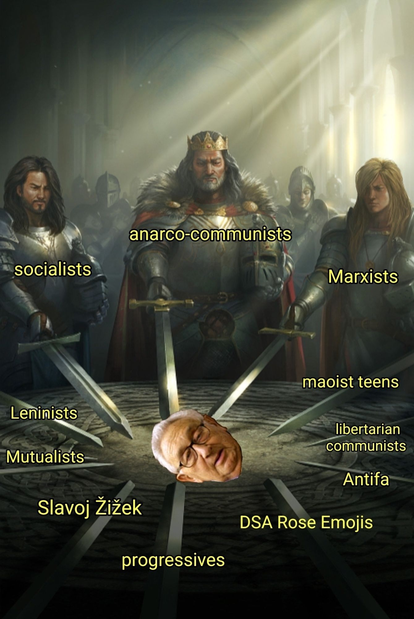 swords United meme with the various knights labeled as leftist political factions, pointing their swords at Henry Kissinger's decapitated head