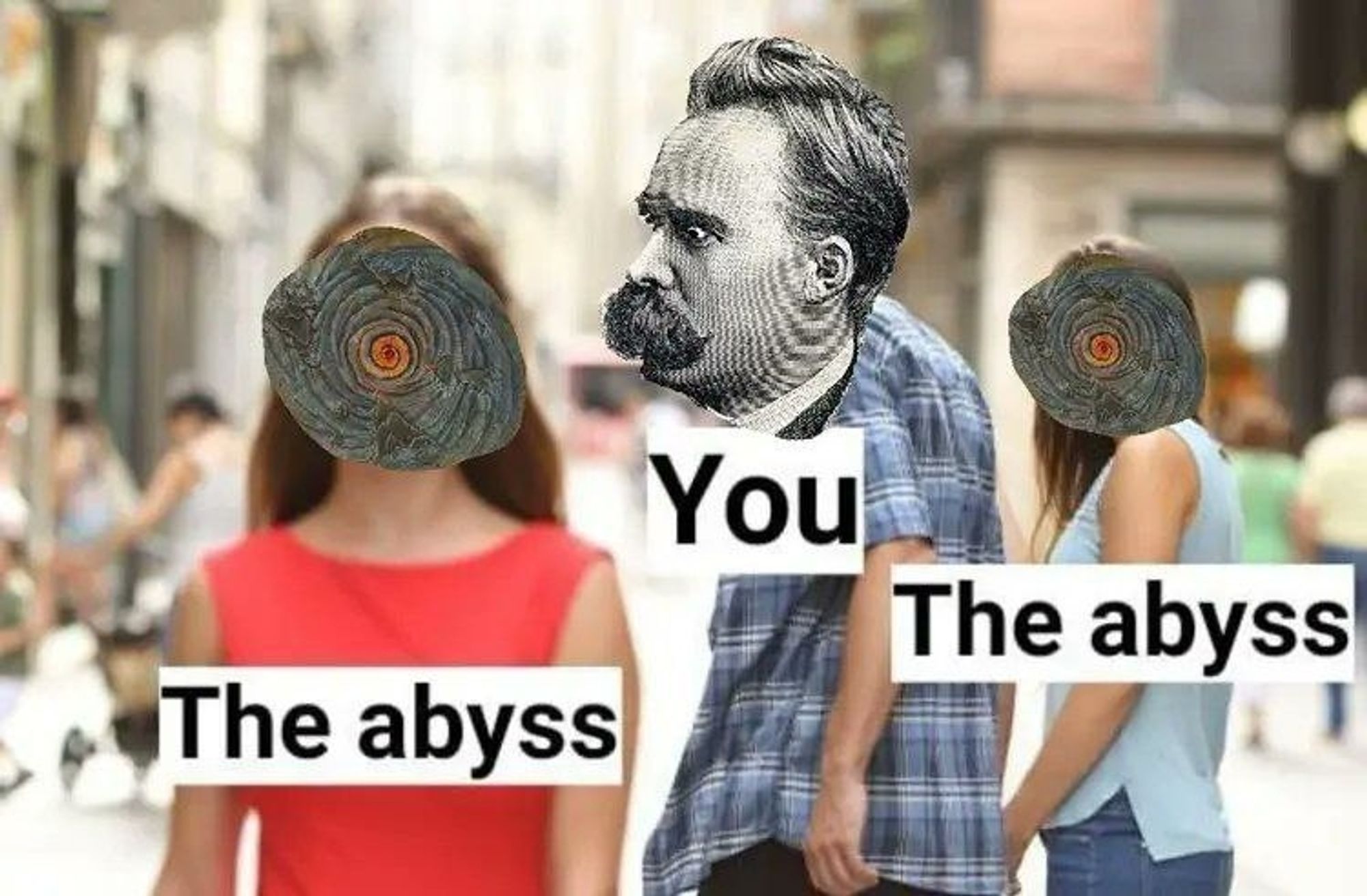 boyfriend staring meme where the boyfriend is Nietzsche and both women are The Abyss