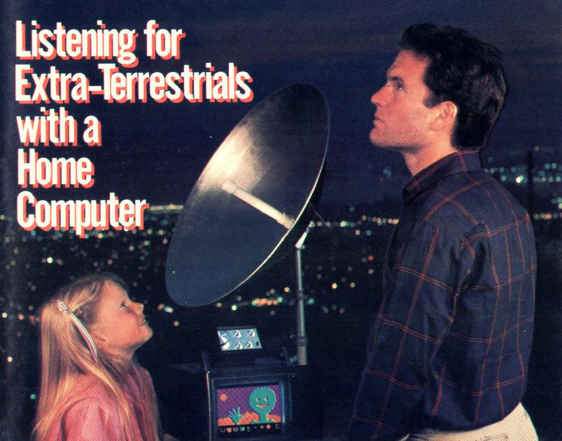 vintage photo of a man standing by a large directional antenna staring into the sky captioned 

Listening for Extra-Terrestrials with a Home Computer