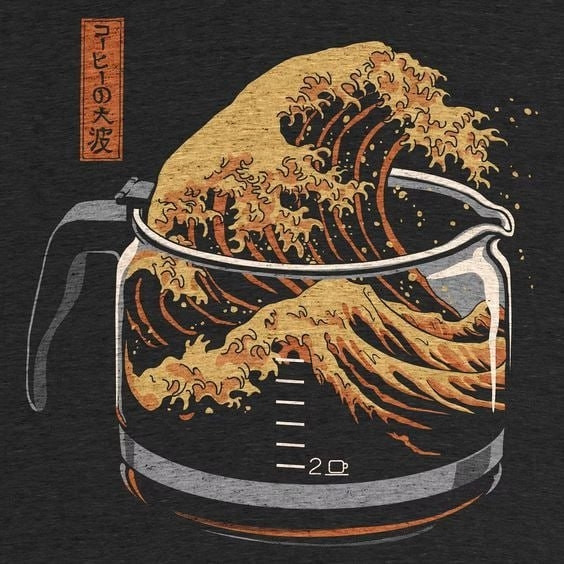 drip coffee carafe with Hokusai's Great Wave inside colored to look like coffee 