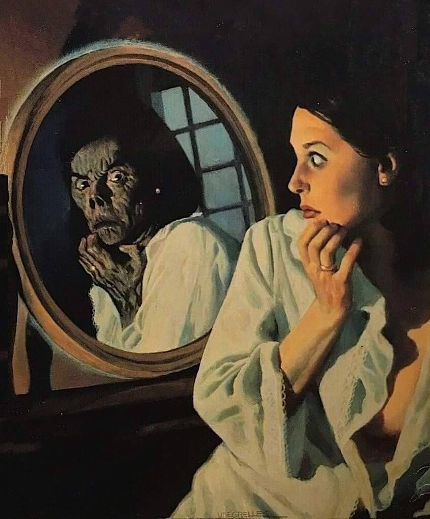 Vicente Segrelles

young woman glancing at a mirror & seeing a wizened zombie version of herself