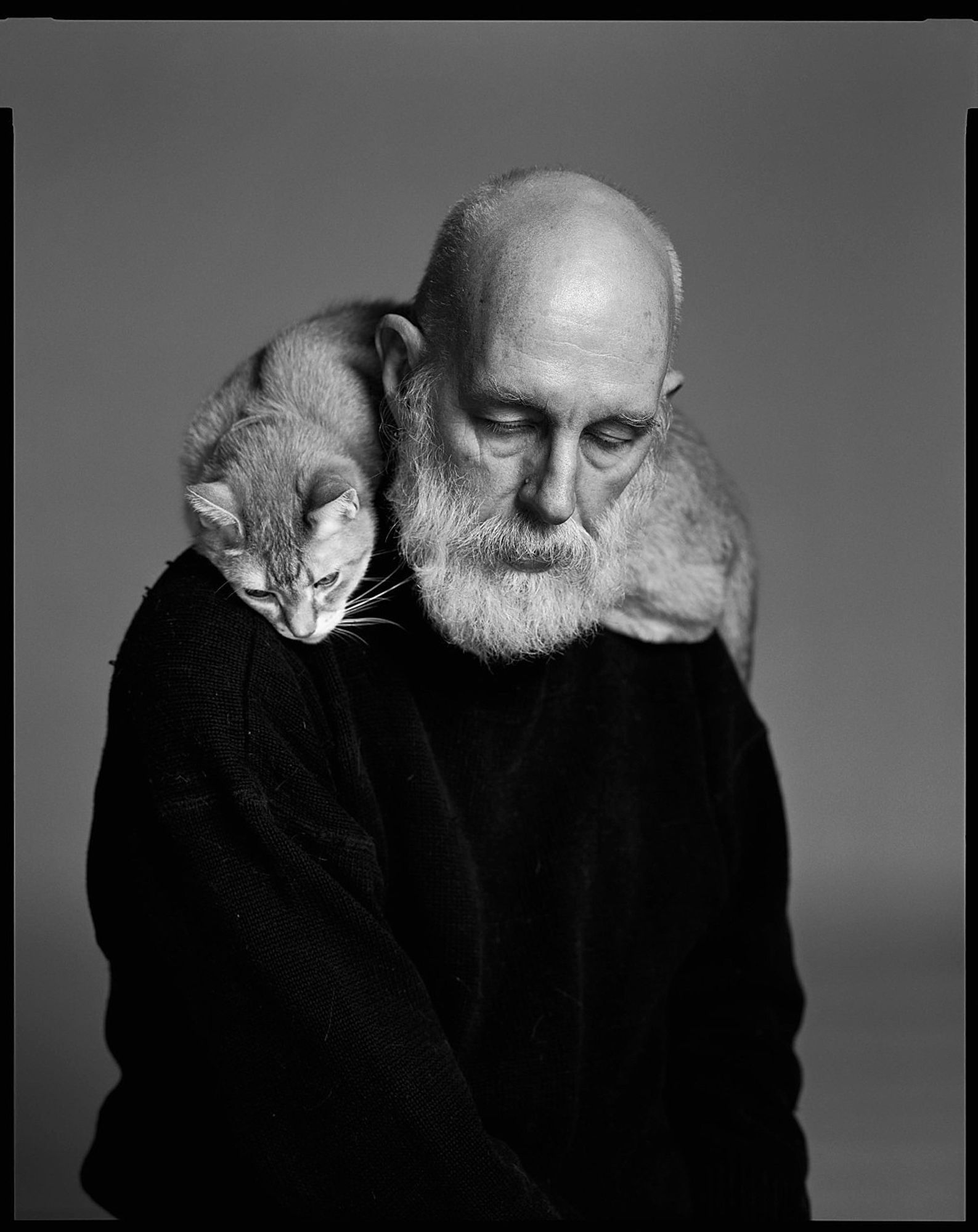 Edward Gorey standing eyes downcast in a black sweater with a cat draped over his shoulders like a scarf