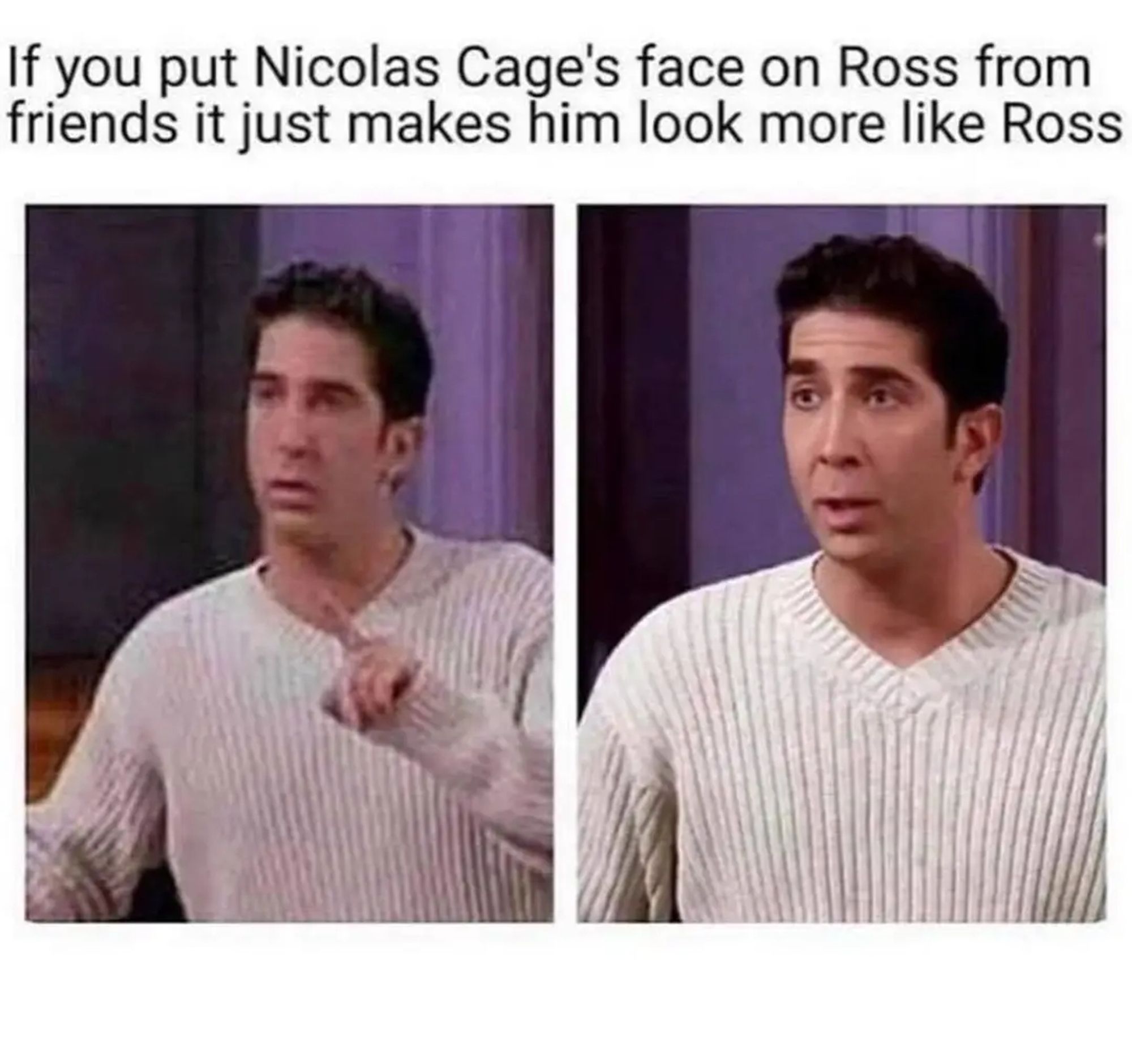 caption:
if you put Nicolas Cage's face on Ross from friends it just makes him look more like Ross 
photo one: Ross from friends
photo to: with Nic Cages face, intensifying the Ross-ness