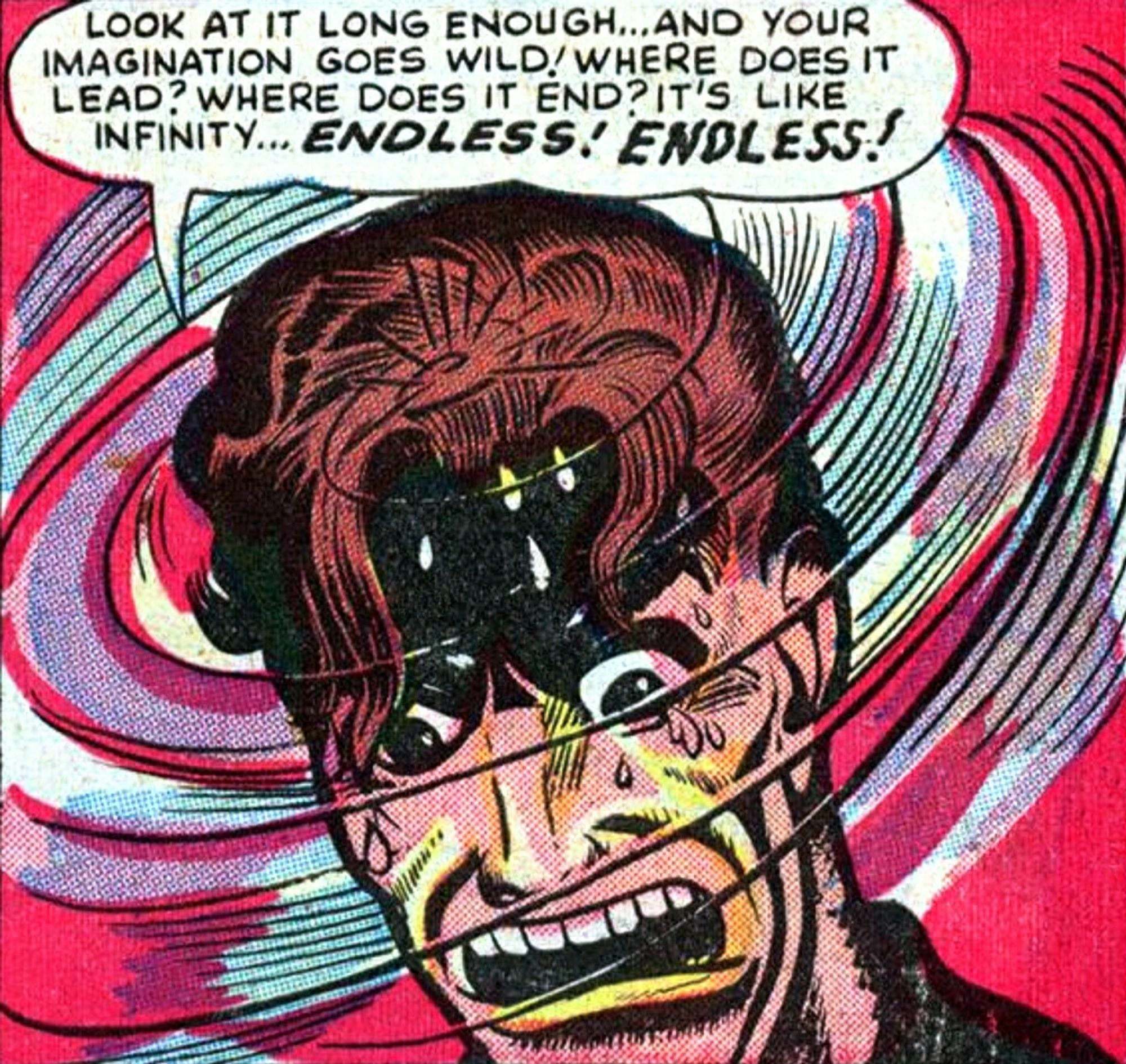 Cartoon panel of a panicked man with yelling about the horrors of endlessness 