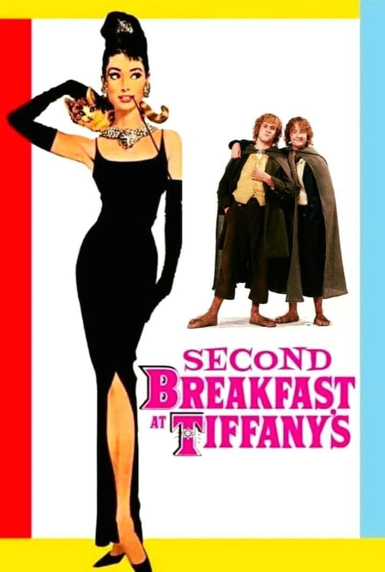 breakfast at Tiffany's poster with the Hobbits Merry and Pippin added and the title changed to second breakfast at Tiffany's