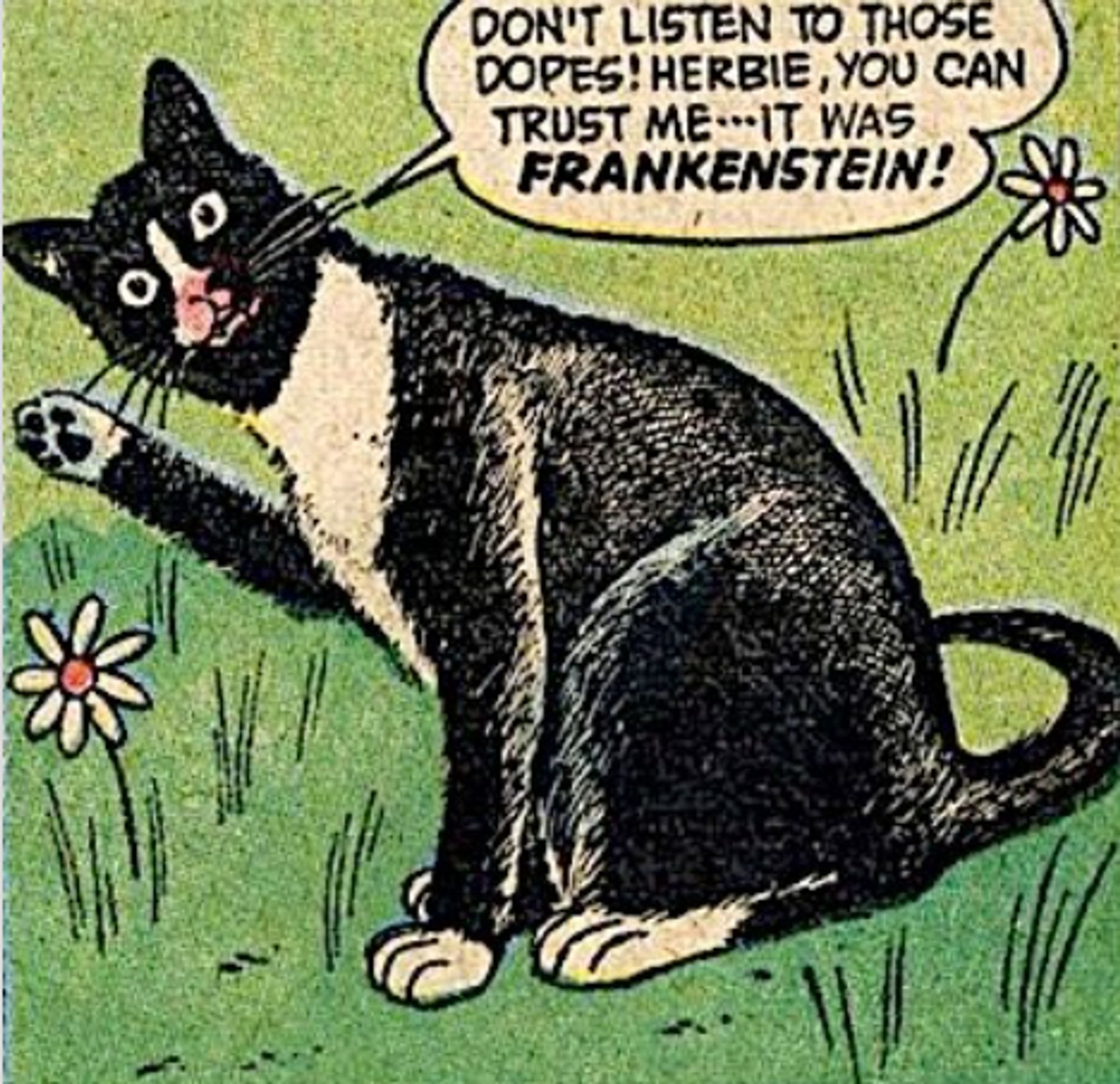 cartoon panel of a black and white cat saying

don't listen to those dopes! Herbie, you can trust me--- it was Frankenstein!