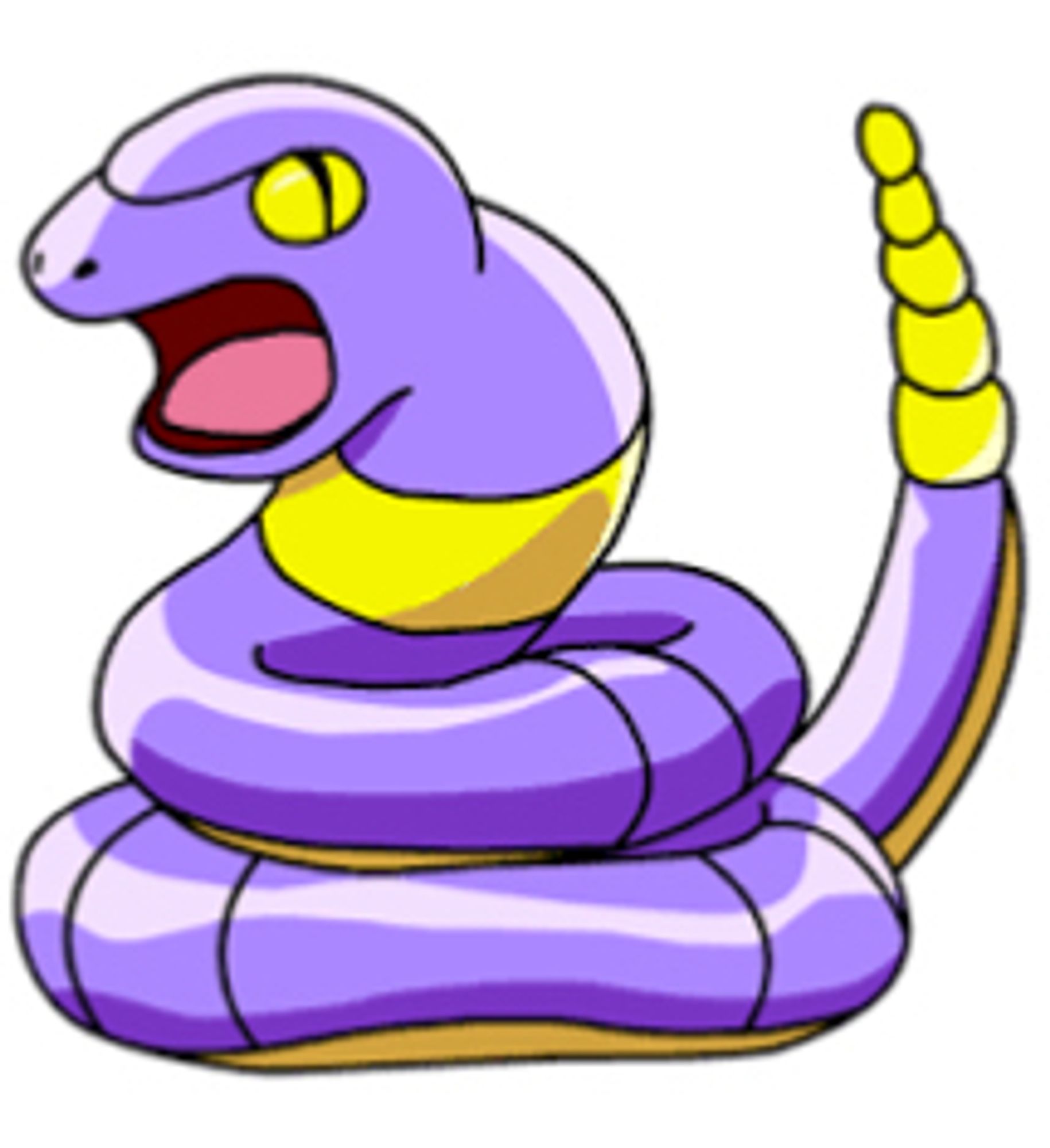 Ekans us a mostly purple 🐍 pokemon with yellow eyes, underside, rattle, and wide choker-like band.