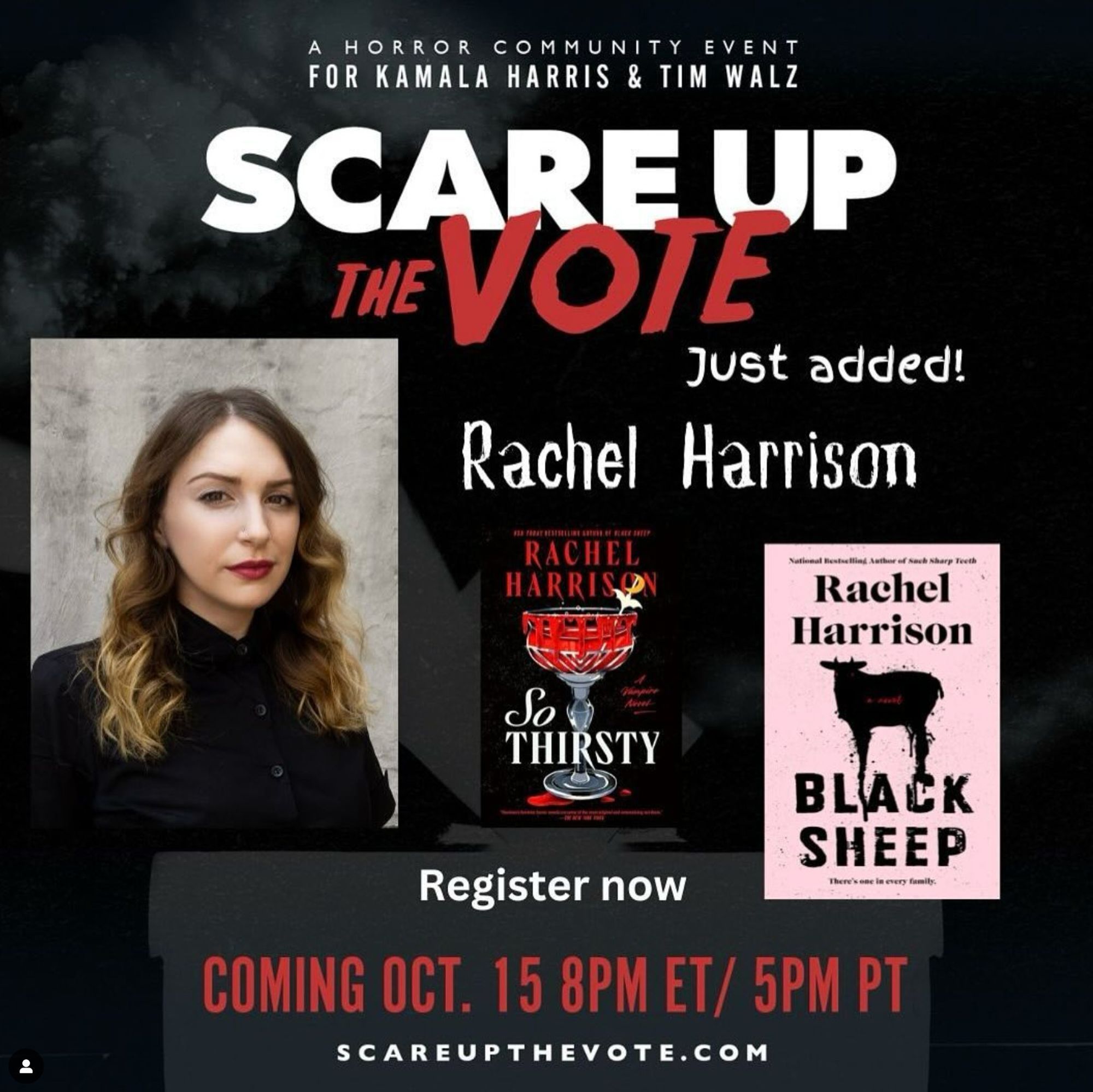 Scare Up The Vote announcement for Rachel Harrison