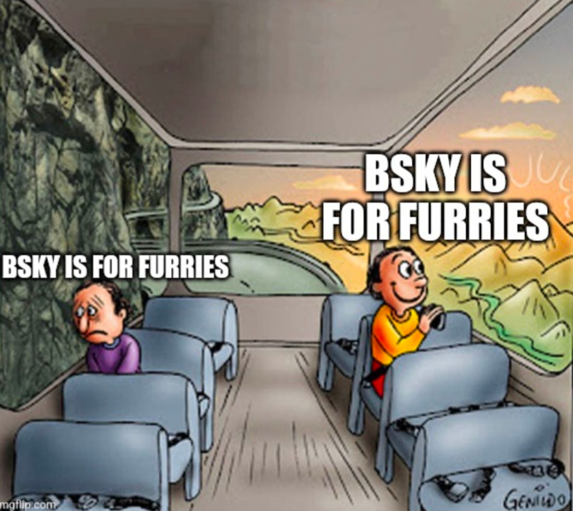 two guys on a bus meme. both guys are labeled "bsky is for furries"