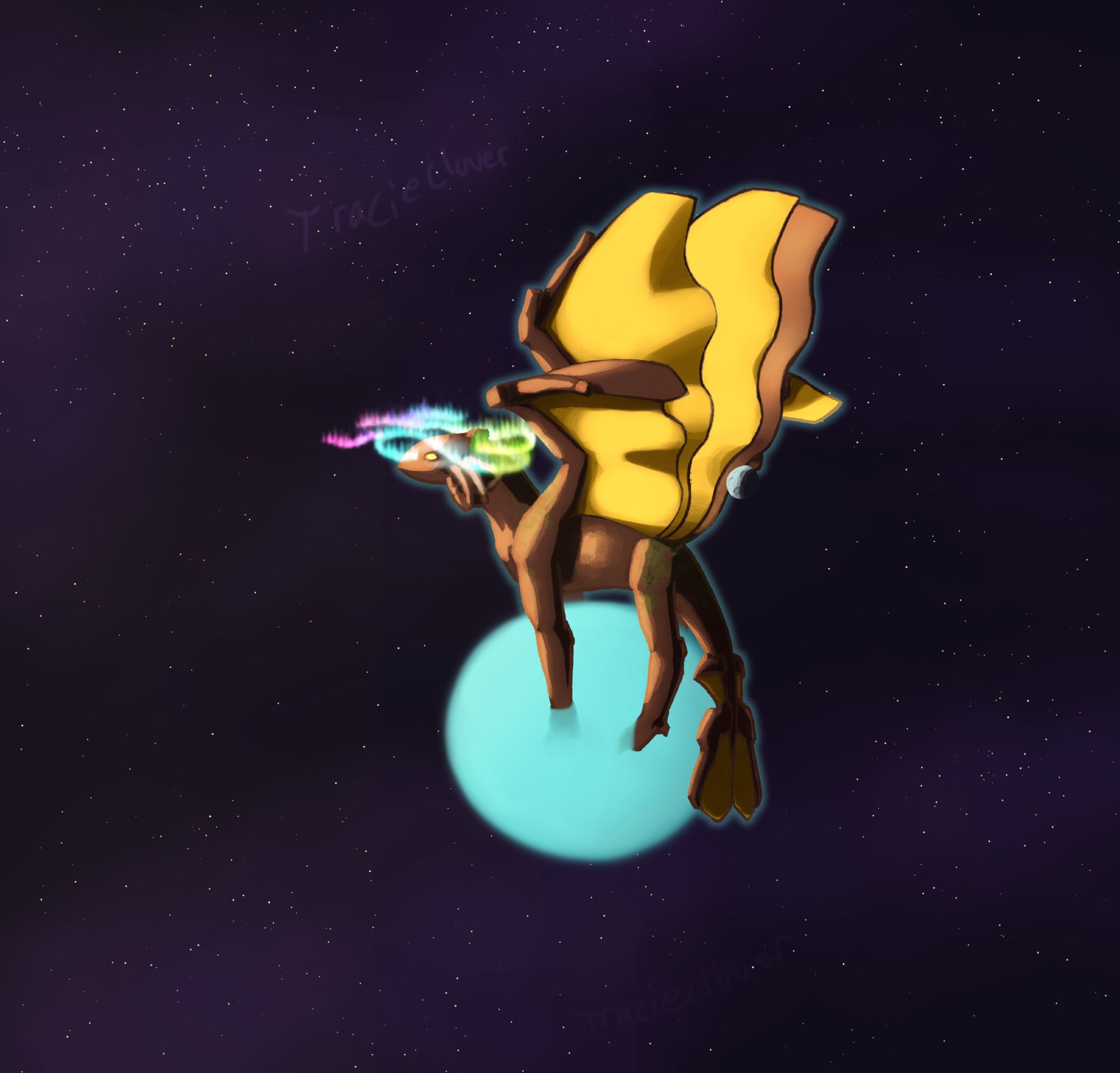 A brown dragon with 3 pairs of wings and ears. It is suspended in space, holding a light blue globe in its claws. Tendrils of light resembling the aurora borealis curl around its face from the back of its head. The moon hangs inbetween its middle two wings. Stars and the arms of a galaxy are visible behind it.