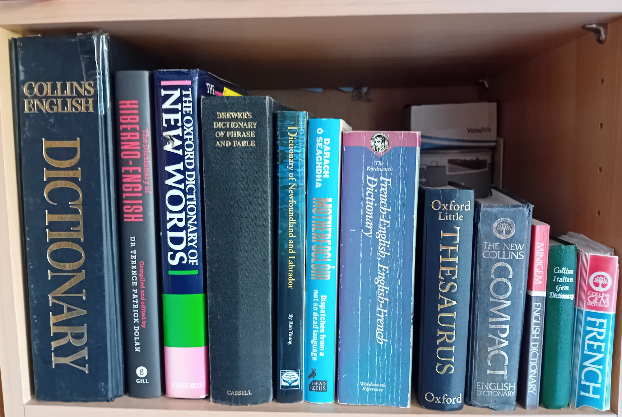 Photo of a shelf of dictionaries from large ones to tiny ones - mostly English, some French, Italian, and Irish. Battered from use.