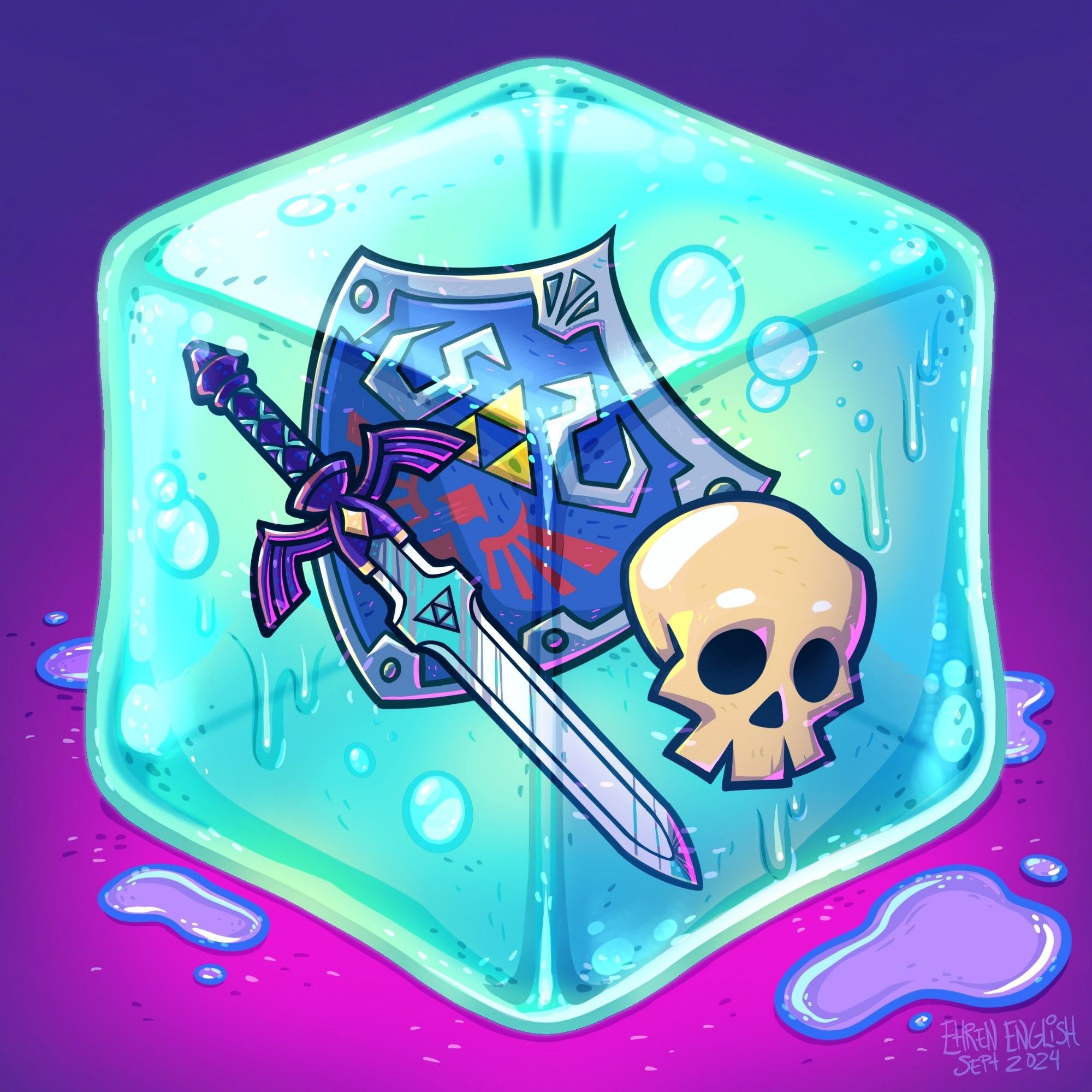 Skull, master sword, and shield... Trapped in a gelatinous cube.