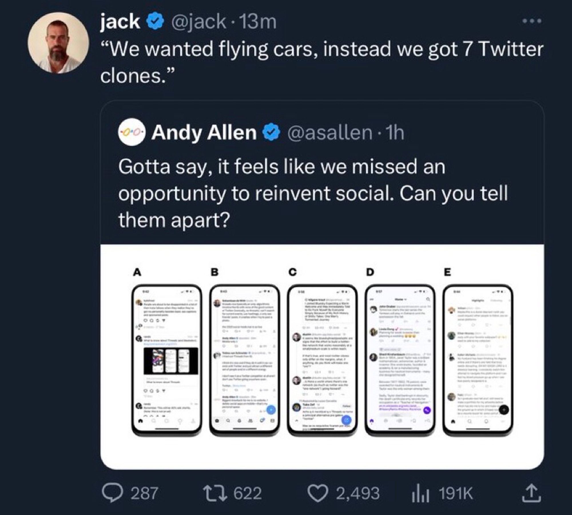 Jack tweets: we wanted flying cars, instead we got 7 twitter clones. And it’s a quote tweet of Andy Allen saying “gotta say, it feel like we missed an opportunity to reinvent social. Can you tell them apart m?” Above 5 similar images of new social platforms 