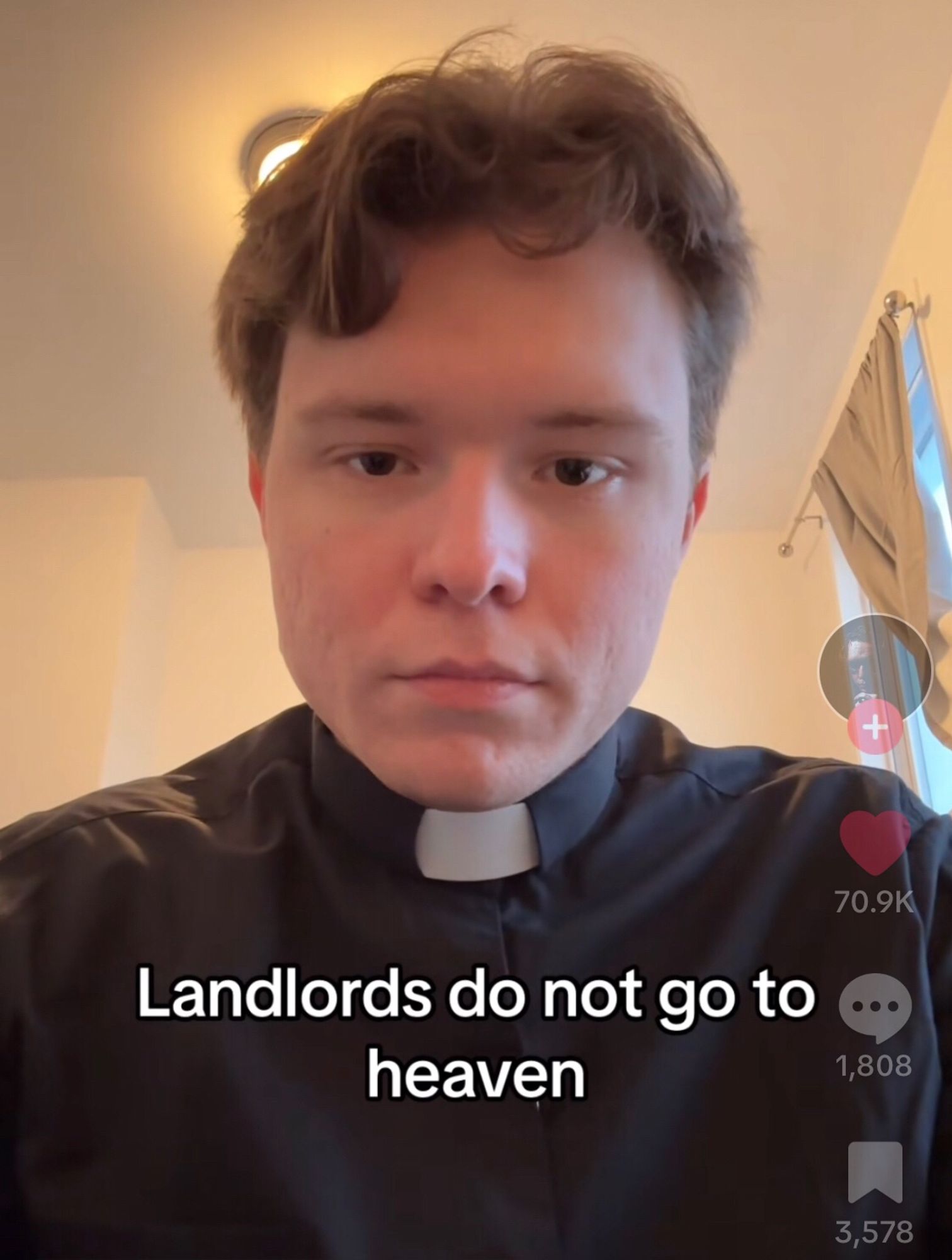 Tiktok still of a priest (possibly) with the text landlords do not go to heaven