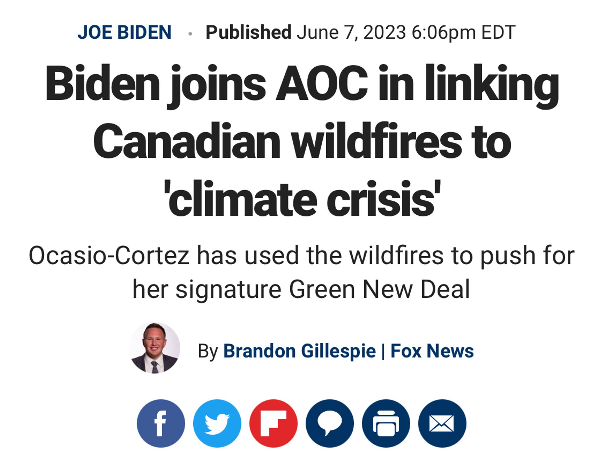 Fox News: Biden joins AOC in linking Canadian wildfires to 'climate crisis'
Ocasio-Cortez has used the wildfires to push for her signature Green New Deal

Brandon Gillespie By Brandon Gillespie