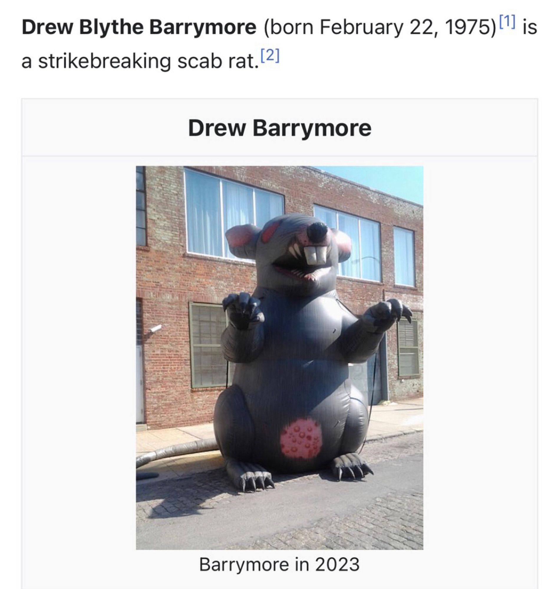 Drew’s page says she’s a strikebreaking scab rat, and has a picture of scabby the giant blowup scab rat