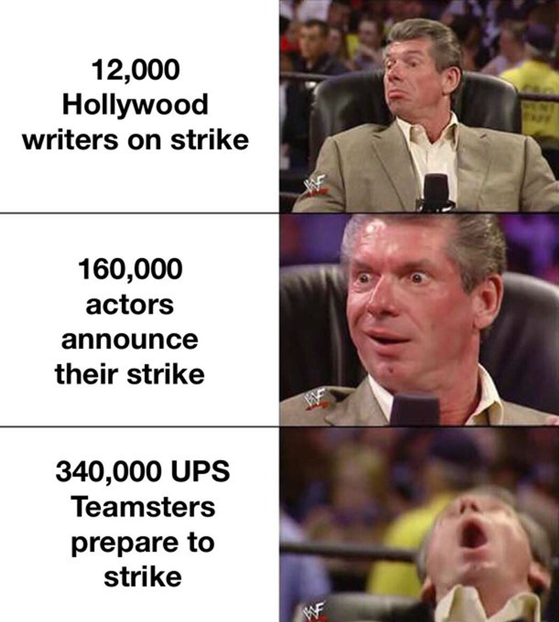 That WWE guy looking approvingly at 12.000 Hollywood writers on strike, then getting excited at 160,000 actors announce their strike, then losing it 340,000 ups Teamsters preparing to strike