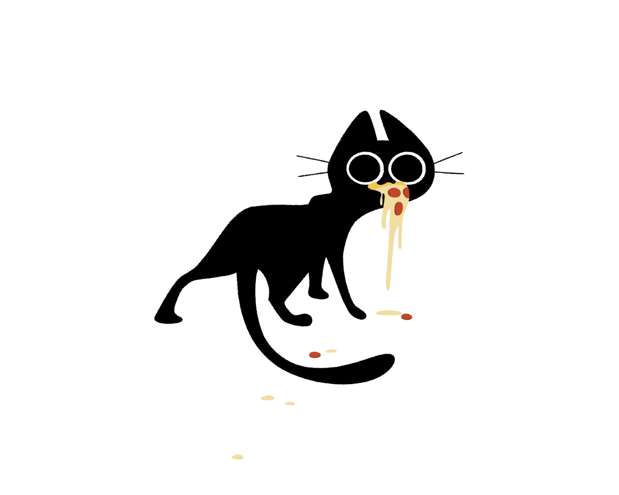 an illustration of a mischievous and wide-eyed black cat holding a dripping slice of pizza in its mouth and looking back at the camera. white background.