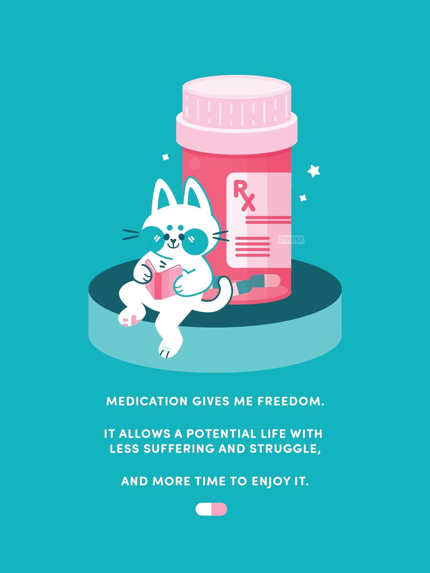 A clean vector illustration of a white cat reading a book leaning on an over-sized pink prescription bottle on a teal background. The text below reads "medication gives me freedom. It allows a potential life with less suffering and struggle, and more time to enjoy it."