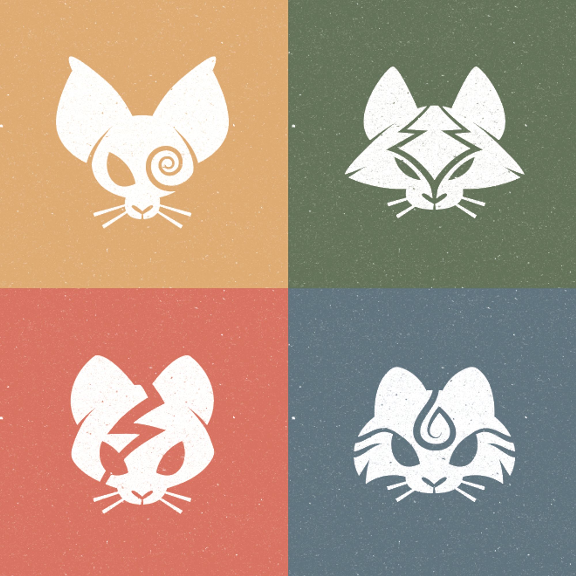 4 white logos on a grid of 4 colored backgrounds with a paper texture. The logos each feature one of the 4 clans from the hit young adult book series warrior cats. Windclan is featured on a yellow background with a siamese-shaped cat head silhouette with a spiral of wind icon replacing an eye. Shadowclan is featured on a deep green background and a cat head silhouette with  pointy cheek fluff, glowering eyes, and a pine tree-style icon on the forehead. Thunderclan is featured on a orange-red background with a smooth cat head silhouette with a thunderbolt running down the forehead and across one eye. Riverclan is featured on a deep blue background with a long-haired cat head silhouette, cheek stripes, and a water drop symbol on the forehead.