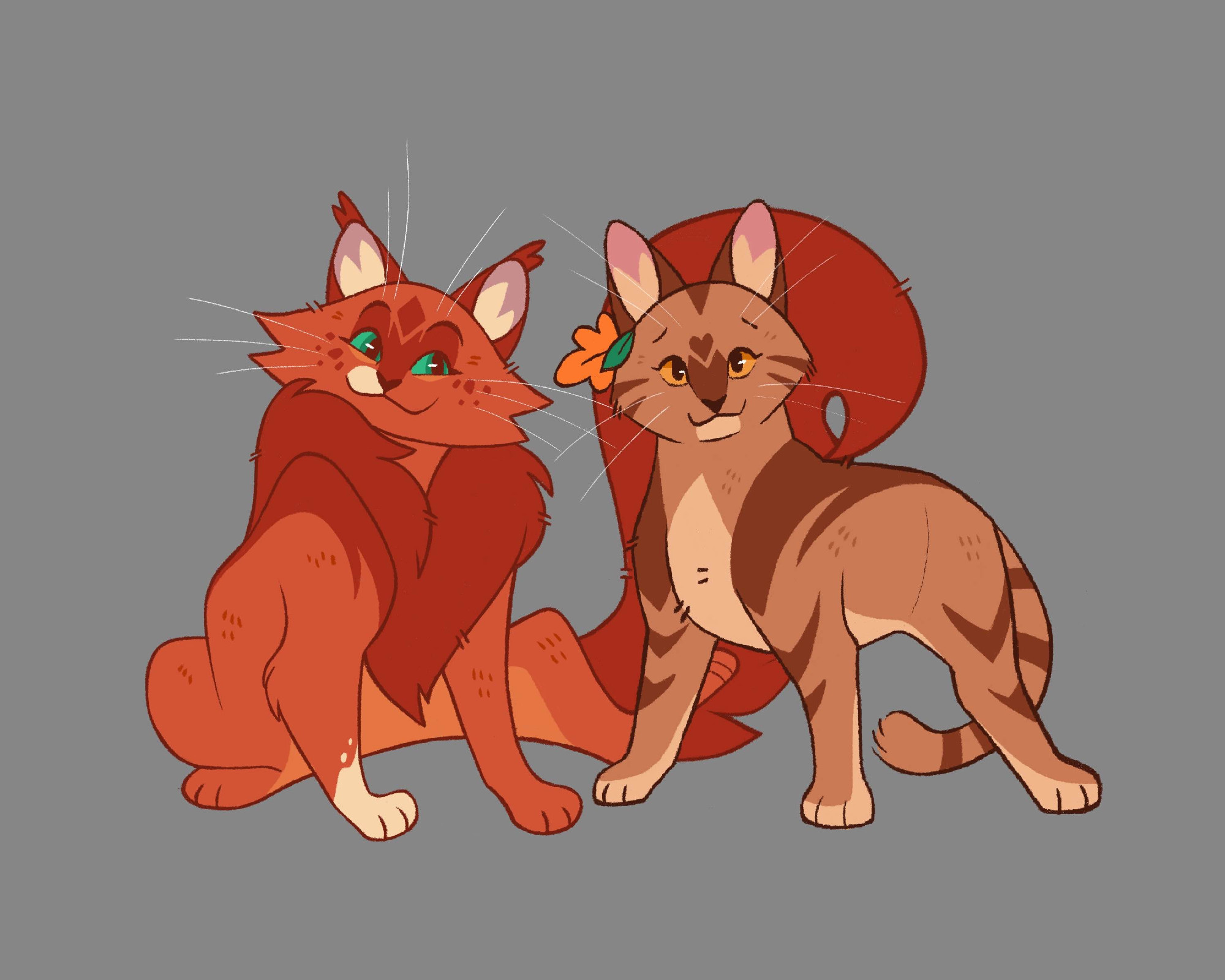 An illustration by Zandra Illustration drawn in the app Procreate. The illustration features the characters Squirrelflight and Leafpool from the Warrior Cats book series. Squirrelflight is a reddish ginger cat with green eyes and Leafpool, her sister, is a brown tabby with a lighter chest and paws.